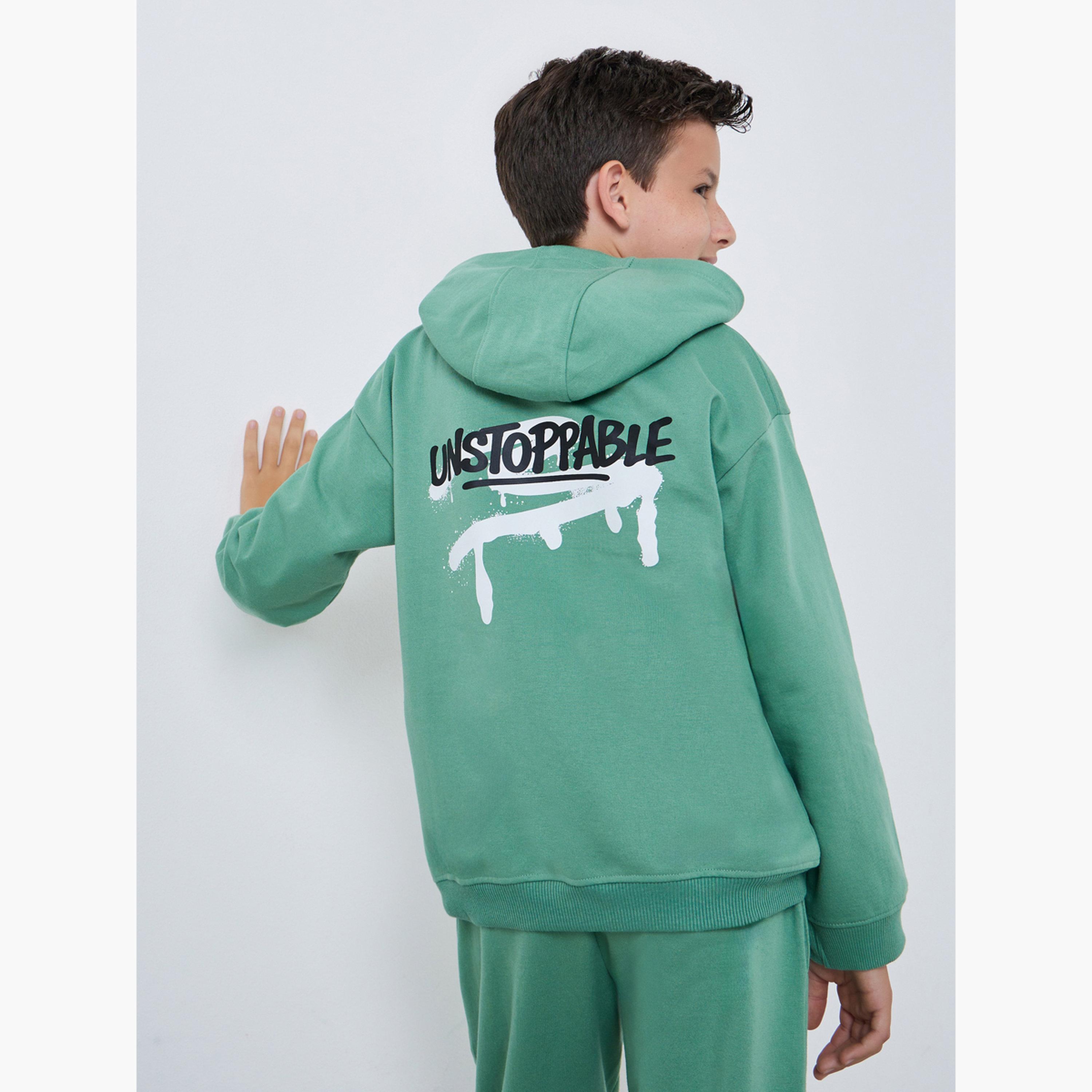 Styli Teens Green Graphic Print Cotton Hoodie-boys-clothing-sweatshirts-image-3