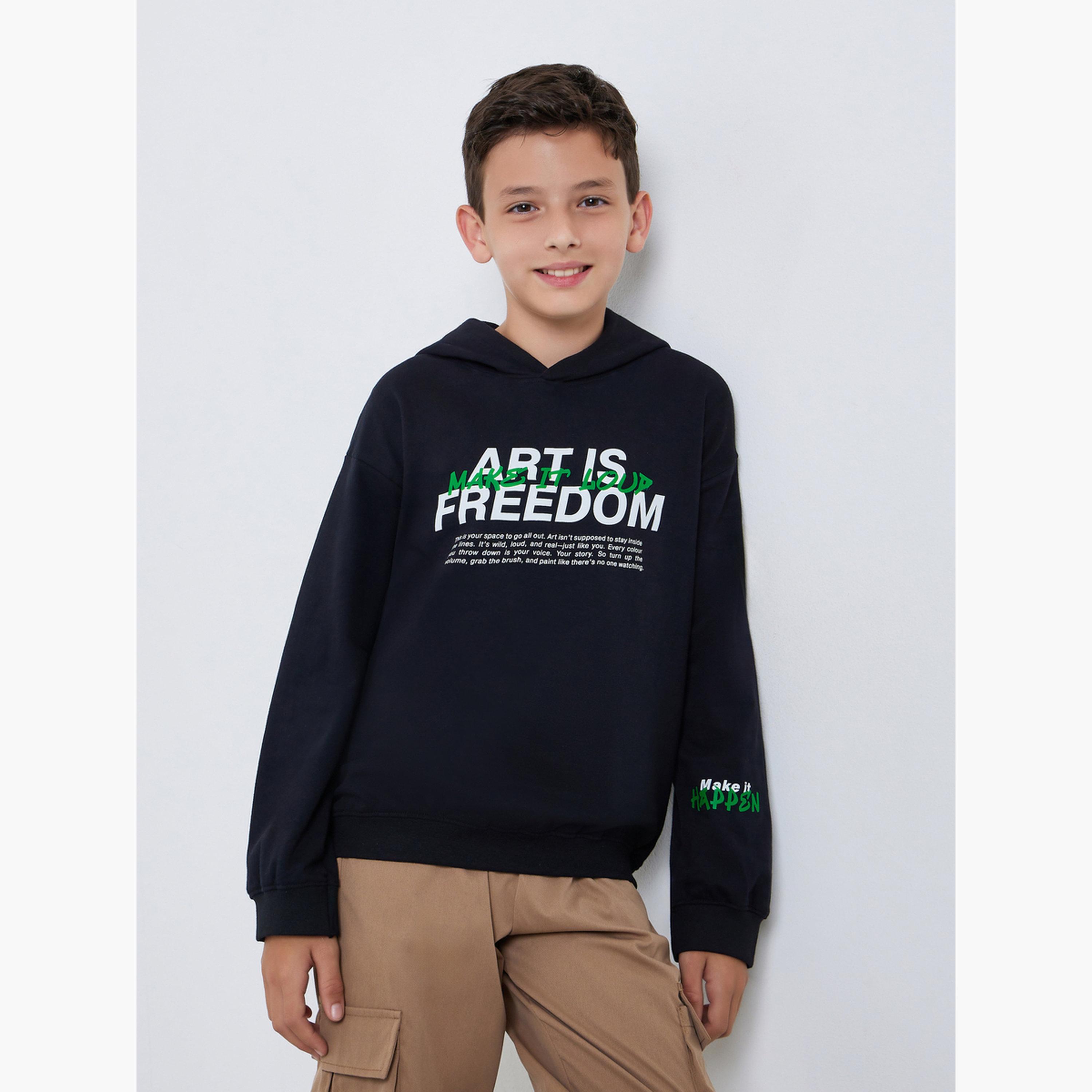 Styli Teens Black Graphic Print Cotton Hoodie-boys-clothing-sweatshirts-image-1