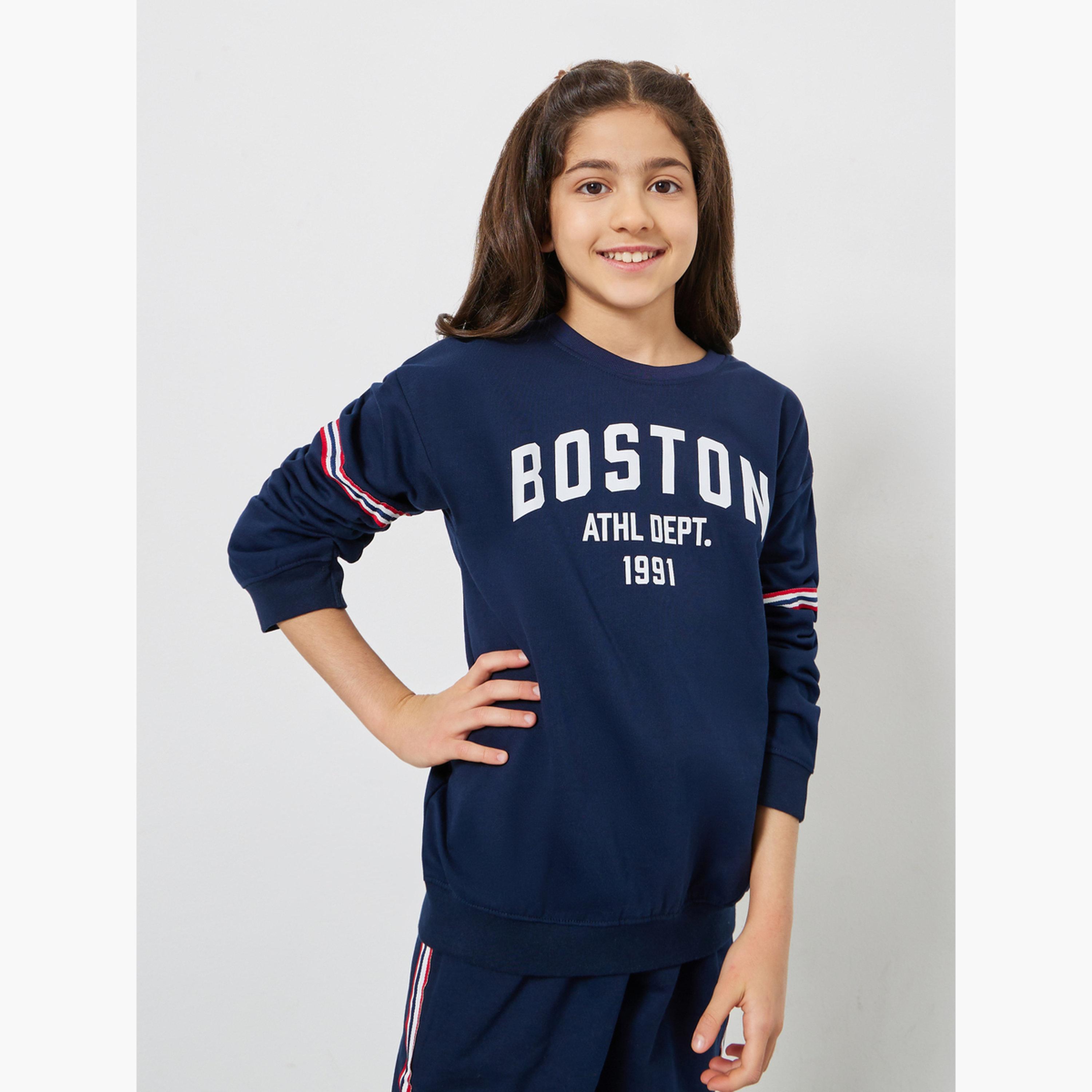 Styli Teens Navy Blue Boston Print Cotton Sweatshirt-girls-clothing-sweatshirts-image-1