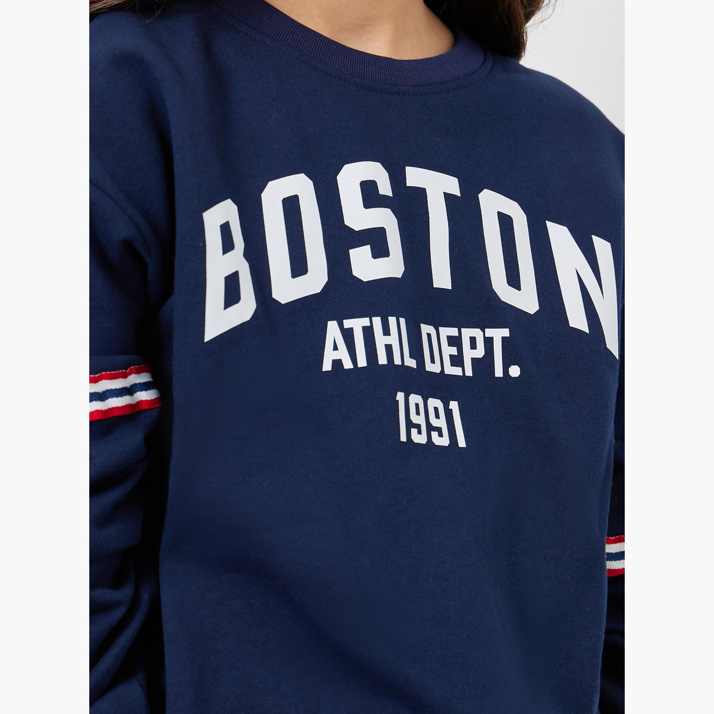 Styli Teens Navy Blue Boston Print Cotton Sweatshirt-girls-clothing-sweatshirts-image-4