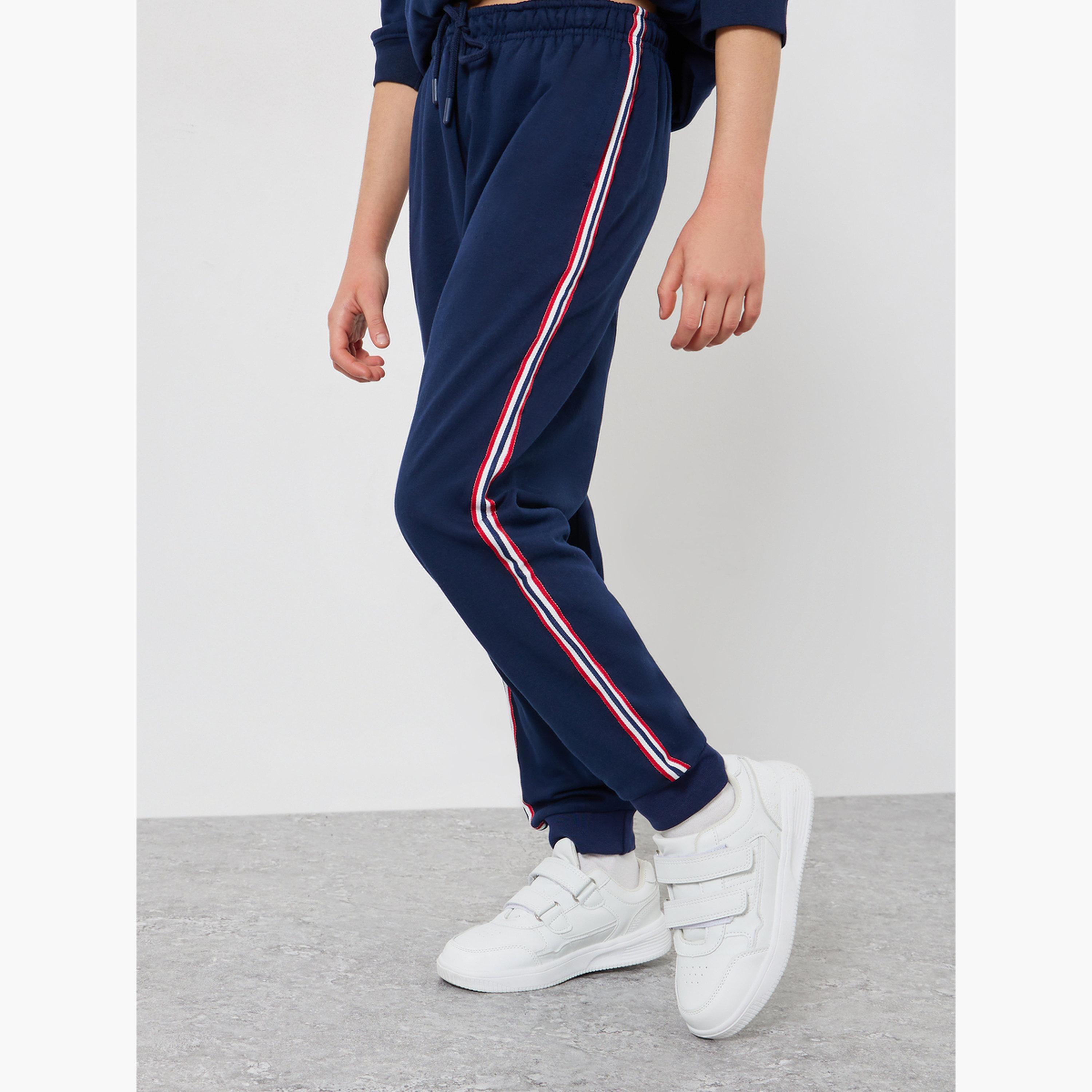 Styli Teens Navy Blue Cotton Joggers with Side Stripe-girls-clothing-bottoms-joggersandtrackpants-image-1