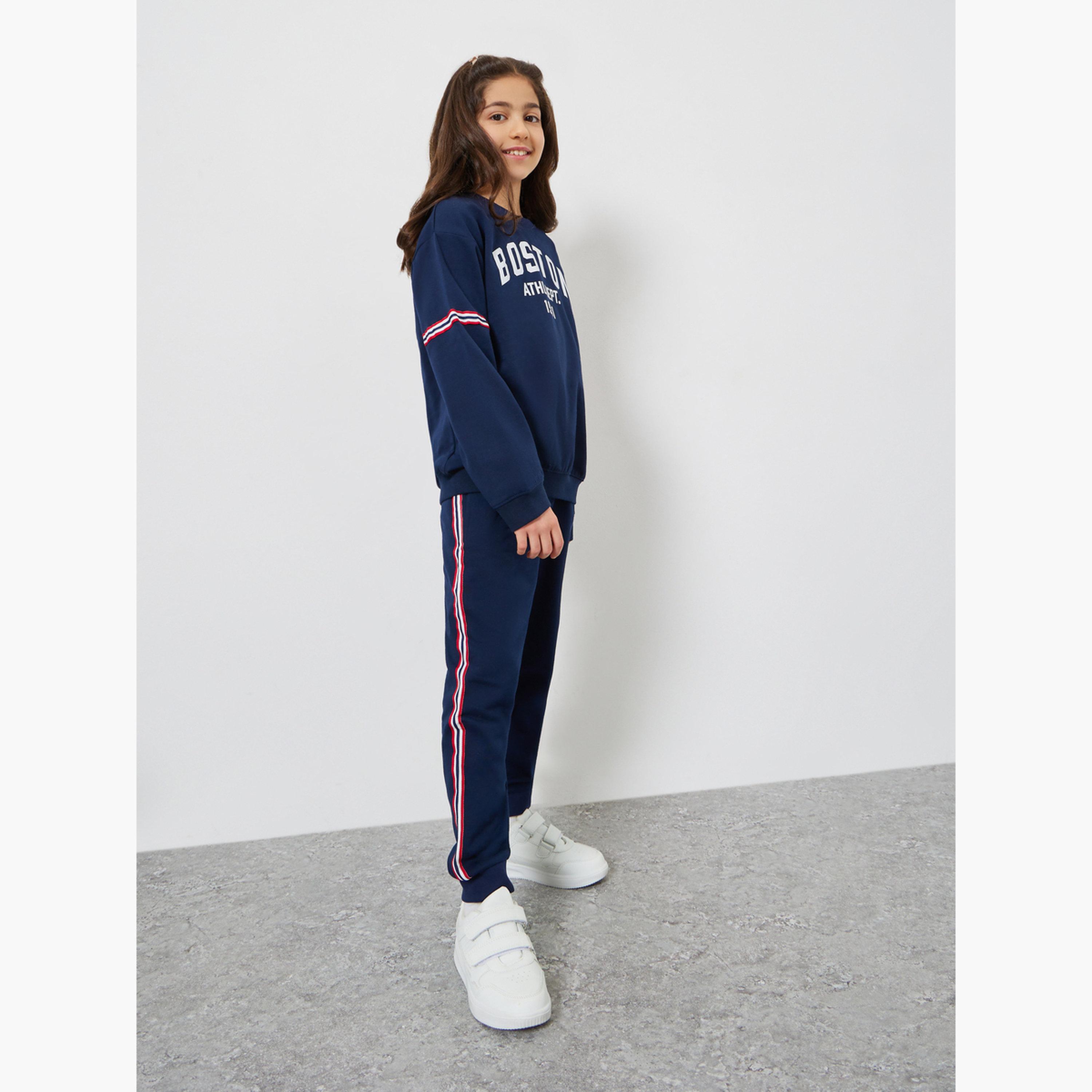 Styli Teens Navy Blue Cotton Joggers with Side Stripe-girls-clothing-bottoms-joggersandtrackpants-image-2