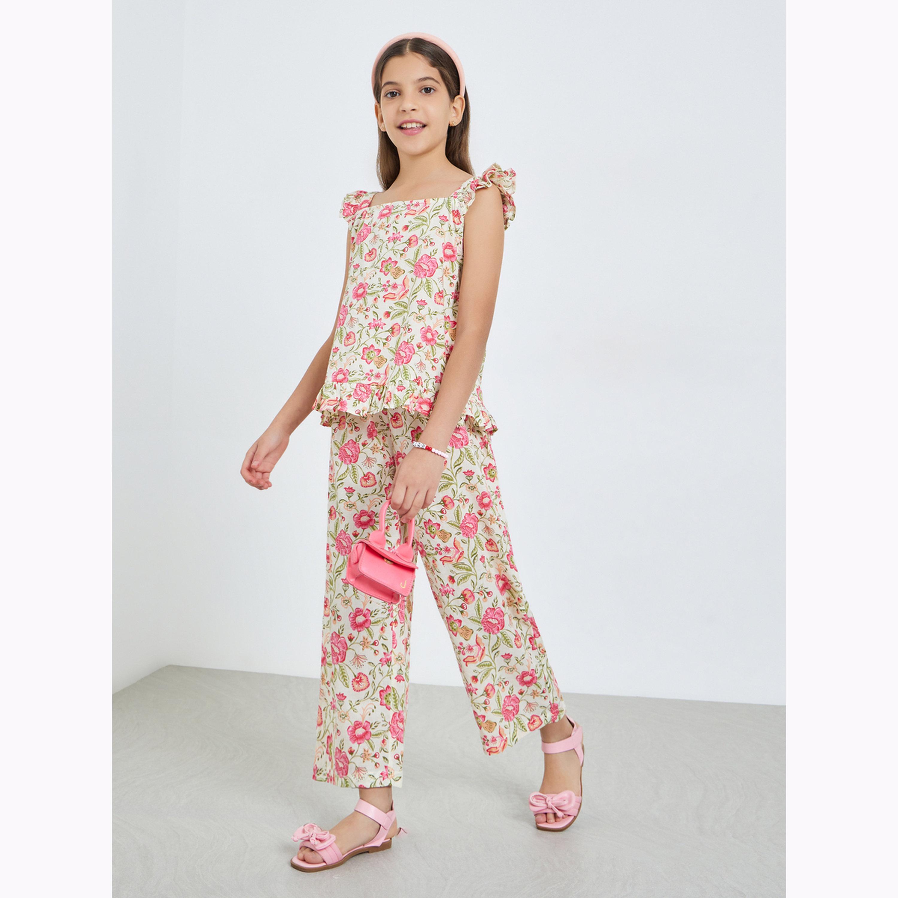 مجموعة من بنطال وبلوزة قطن بطبعة أزهار-girls-clothing-setsandcoords-image-1