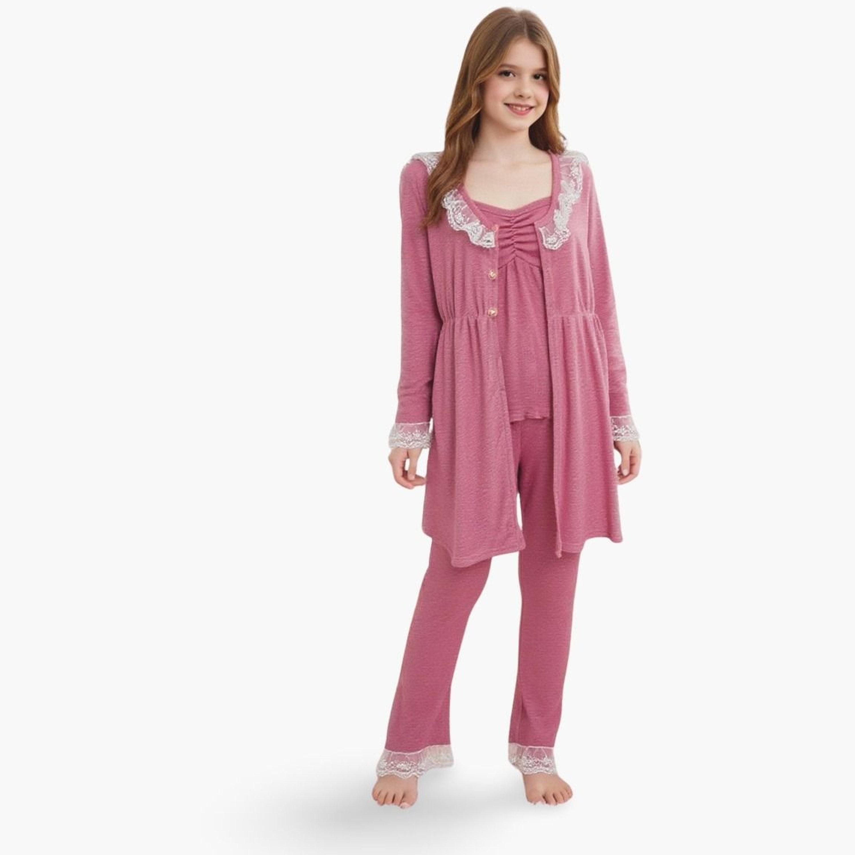 Take Two Lace Trim Buttoned Top with Long Pyjama Set-girls-clothing-nightwear-image-1