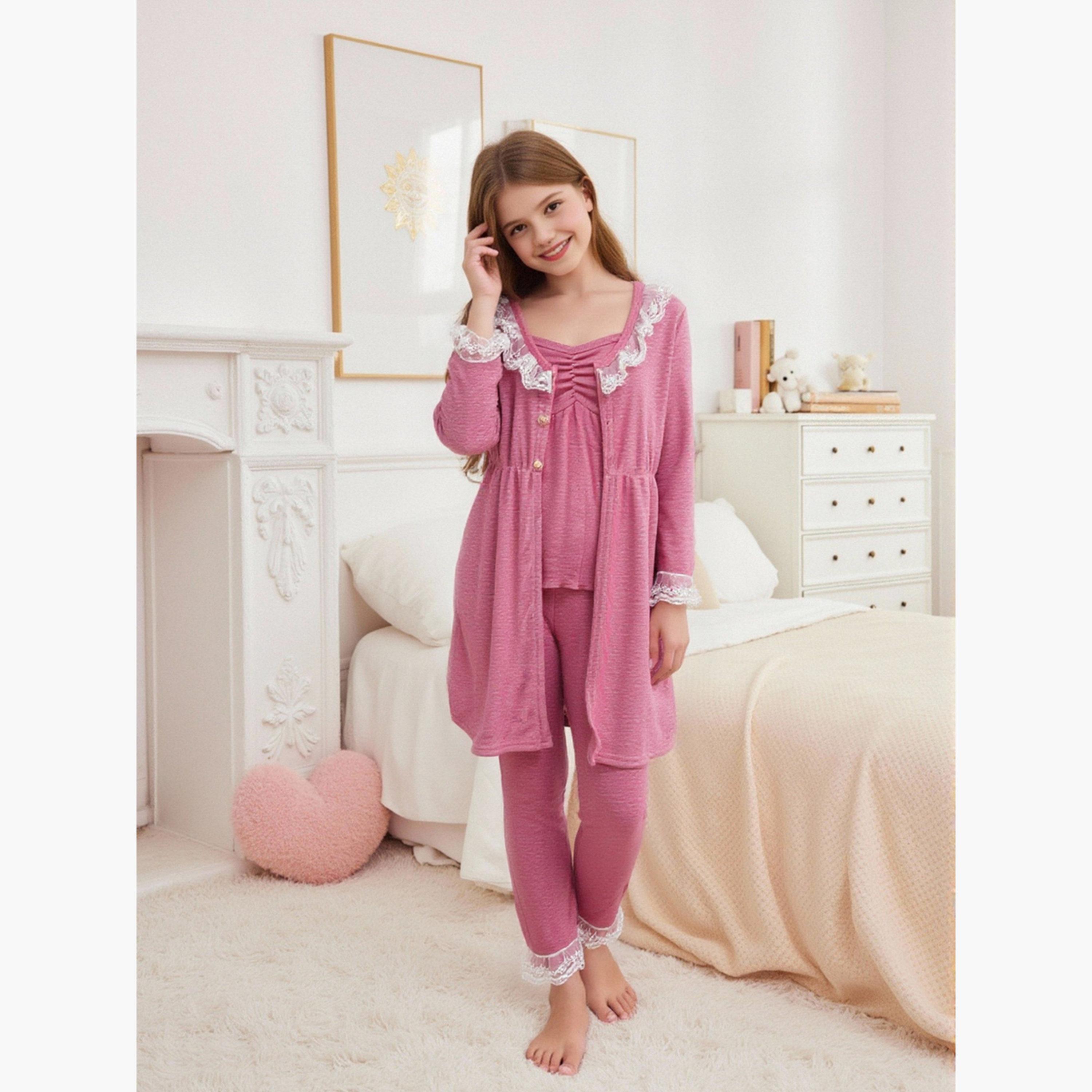 تيك تو - بيجاما بنطال طويل مع بلوزة بأزرار وحواف دانتيل-girls-clothing-nightwear-image-3