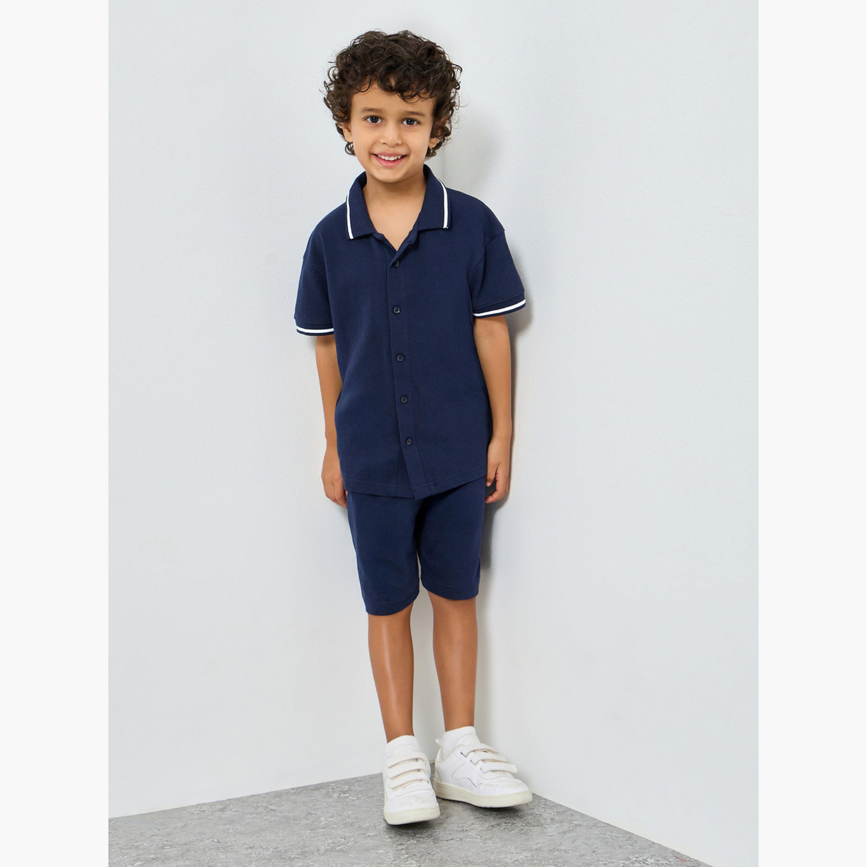 Styli Boys Navy Knit Polo T-Shirt and Shorts Set-boys-clothing-setsandcoords-image-1