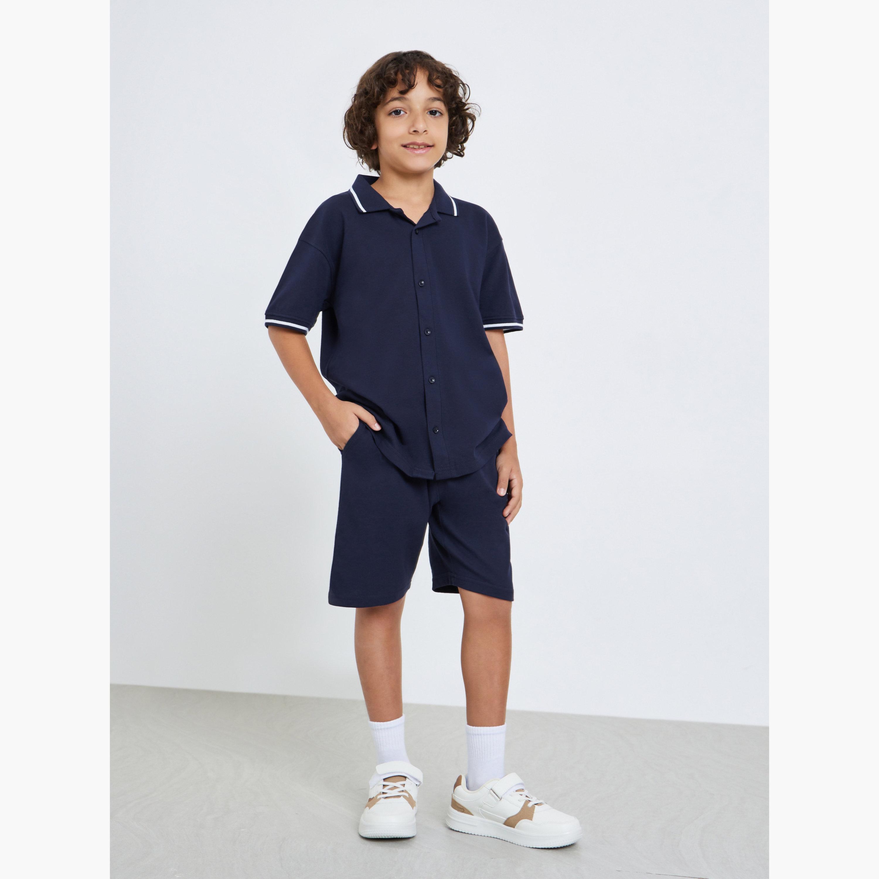 Styli Kids Navy Blue Knit Shirt and Shorts Set-boys-clothing-setsandcoords-image-1