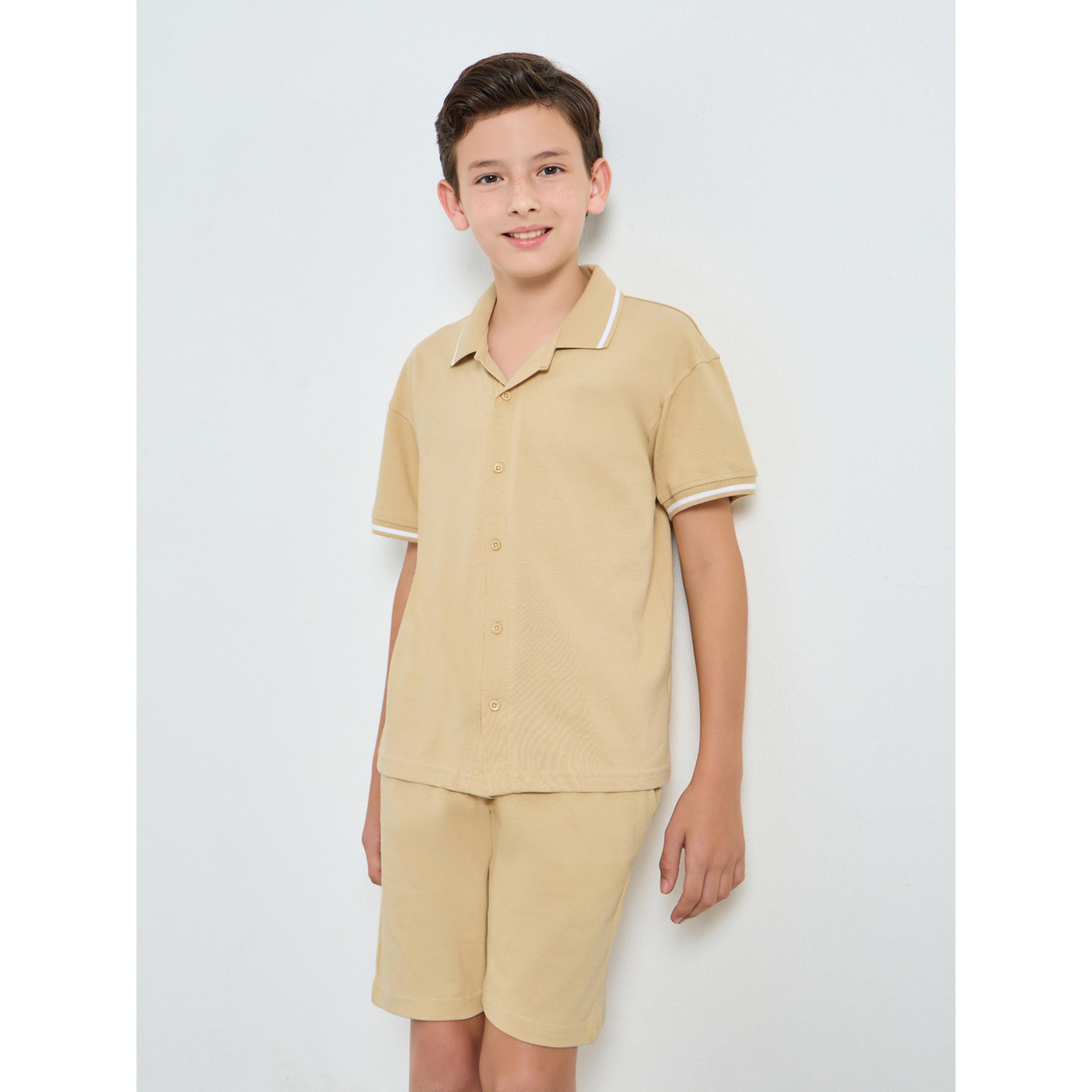 Styli Boys Beige Cotton Knit Shirt and Shorts Set-boys-clothing-setsandcoords-image-1