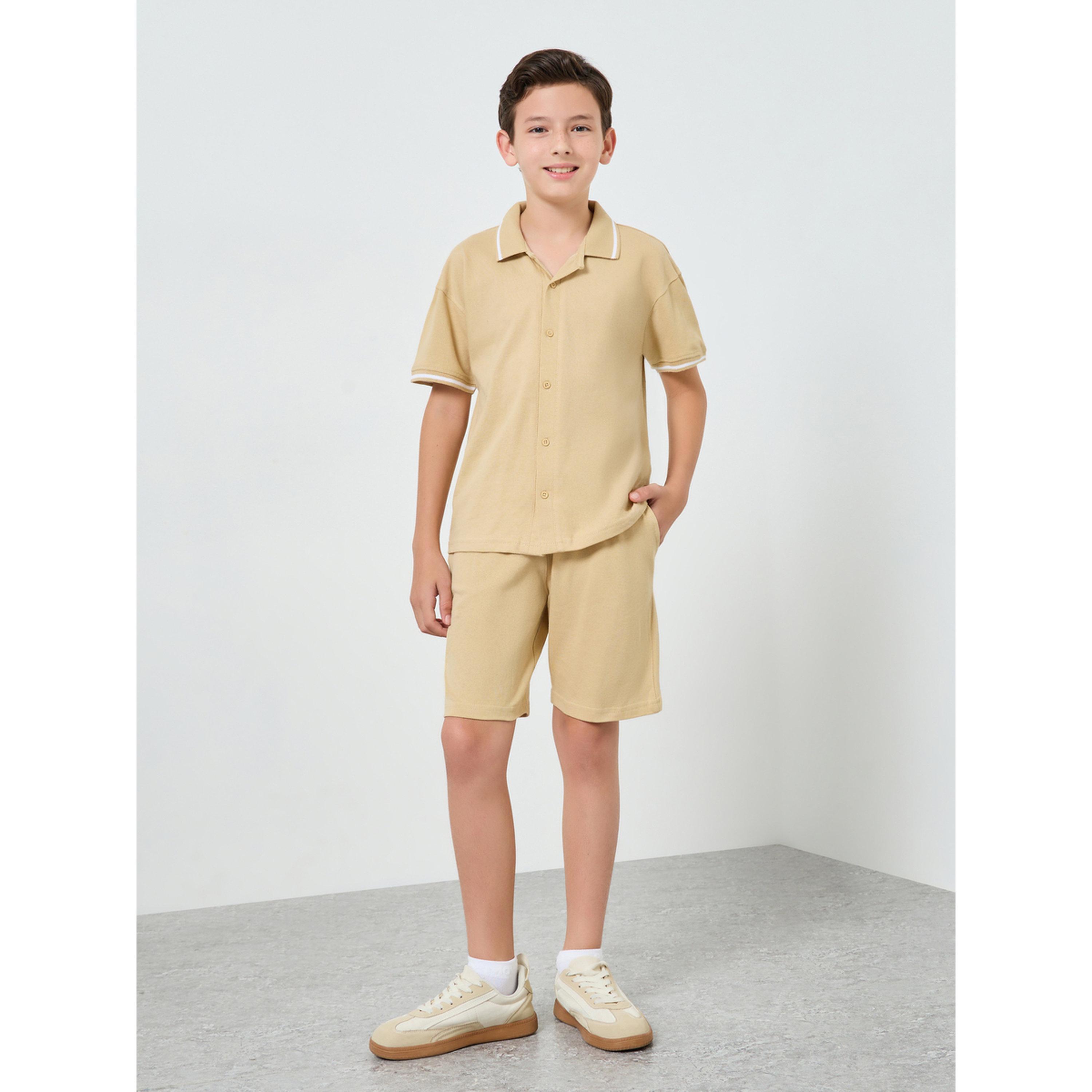 Styli Boys Beige Cotton Knit Shirt and Shorts Set-boys-clothing-setsandcoords-image-2