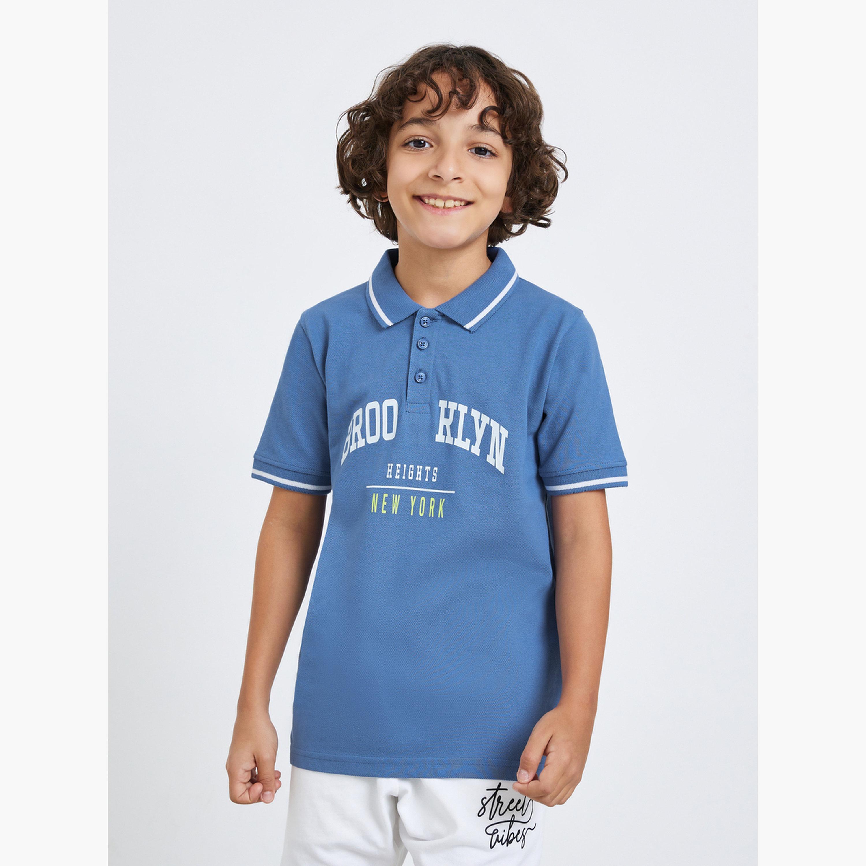 Styli Boys Blue Brooklyn Print Polo T-Shirt-girls-clothing-tshirts-image-1