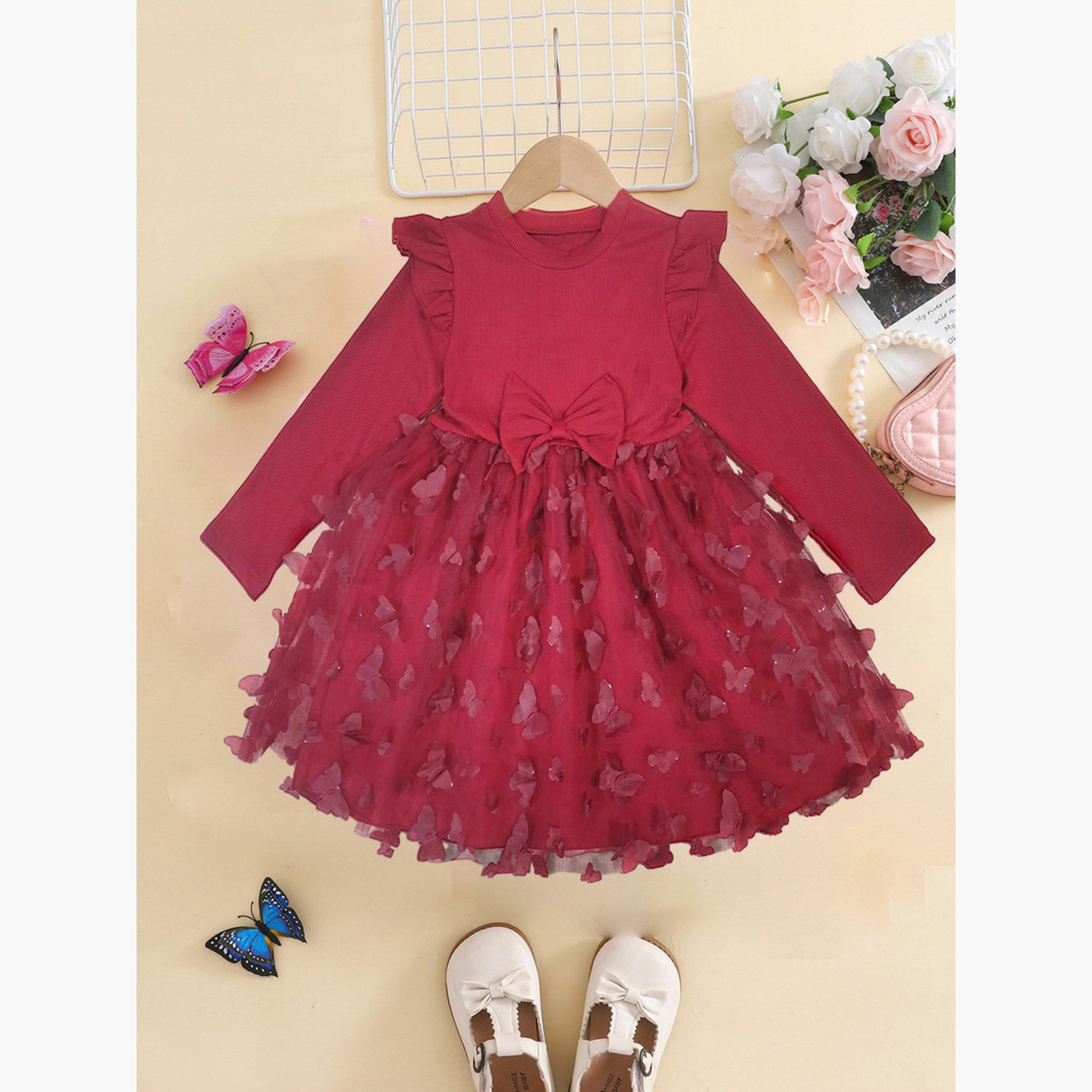 تيك تو - فستان بناتي مع حافة شبكية مكشكشة وتفاصيل فيونكة-girls-clothing-dressesandjumpsuits-image-3