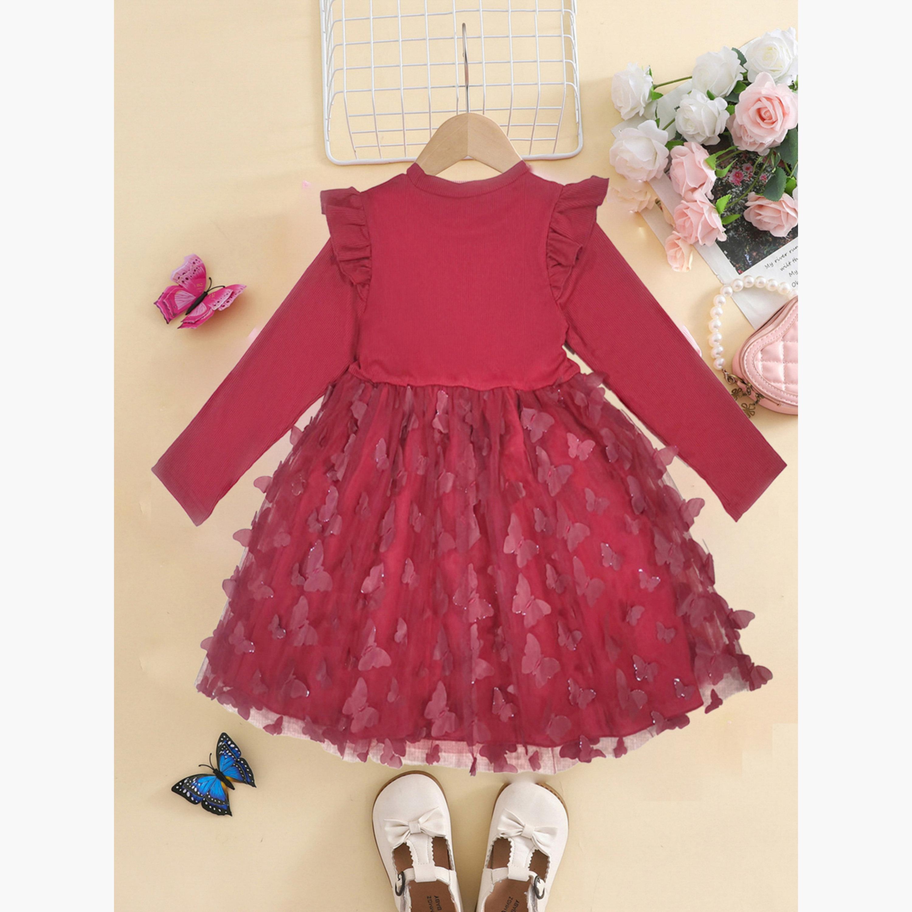 تيك تو - فستان بناتي مع حافة شبكية مكشكشة وتفاصيل فيونكة-girls-clothing-dressesandjumpsuits-image-4