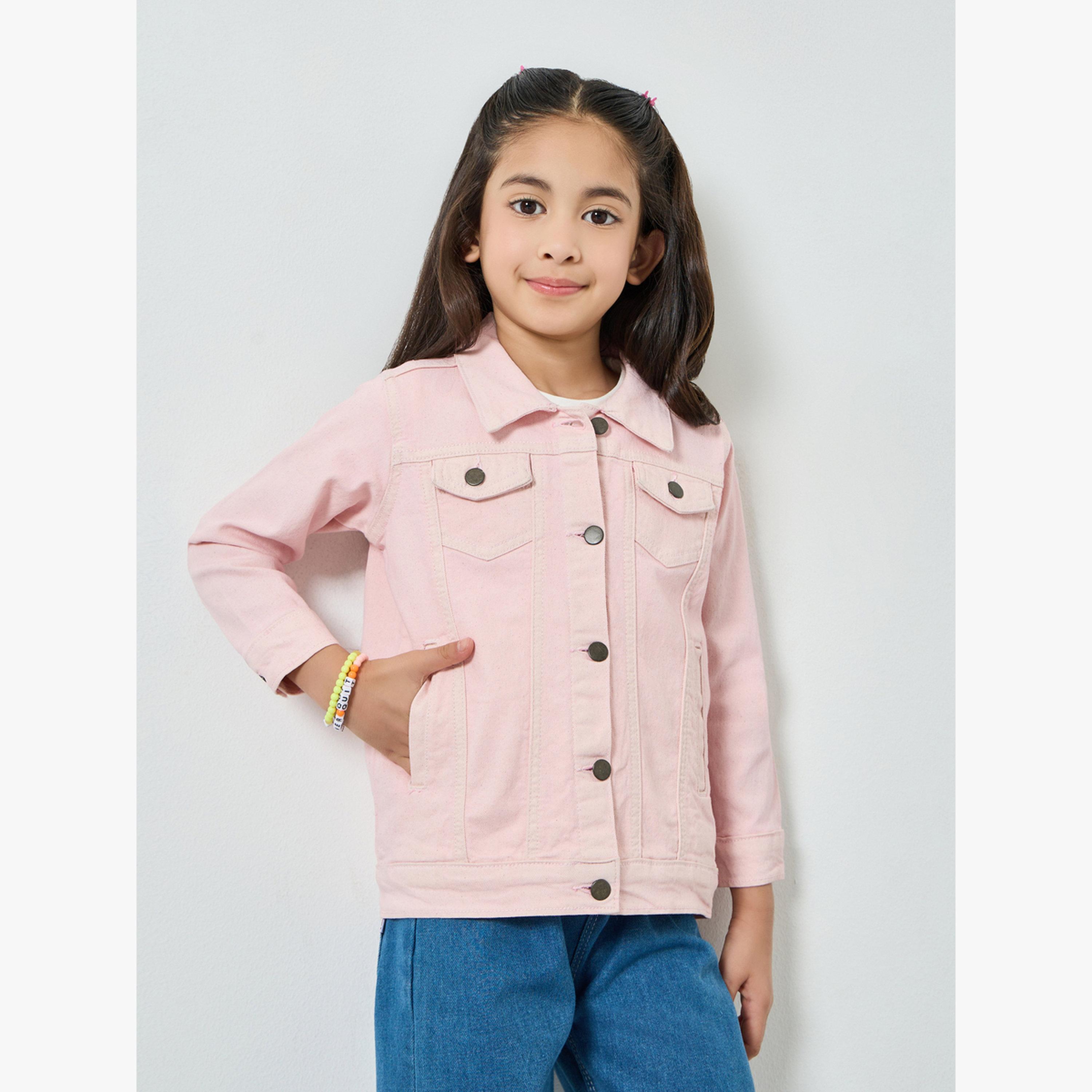 Styli Girls Pink Cotton Denim Jacket-girls-clothing-jacketsandcoats-image-1