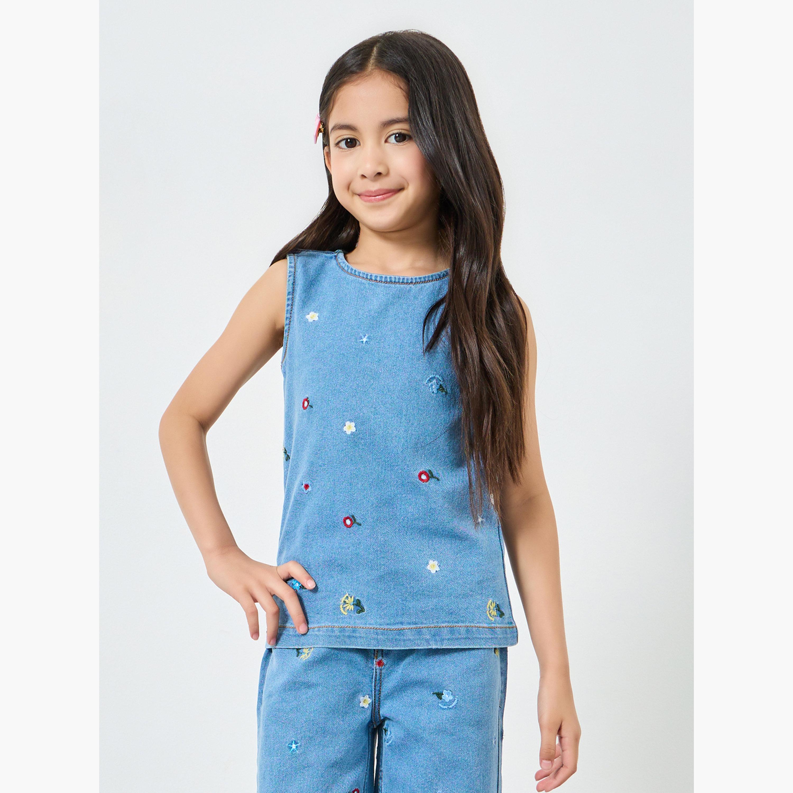 Styli Girls Light Blue Embroidered Denim Sleeveless Top-girls-clothing-blousesandshirts-image-1