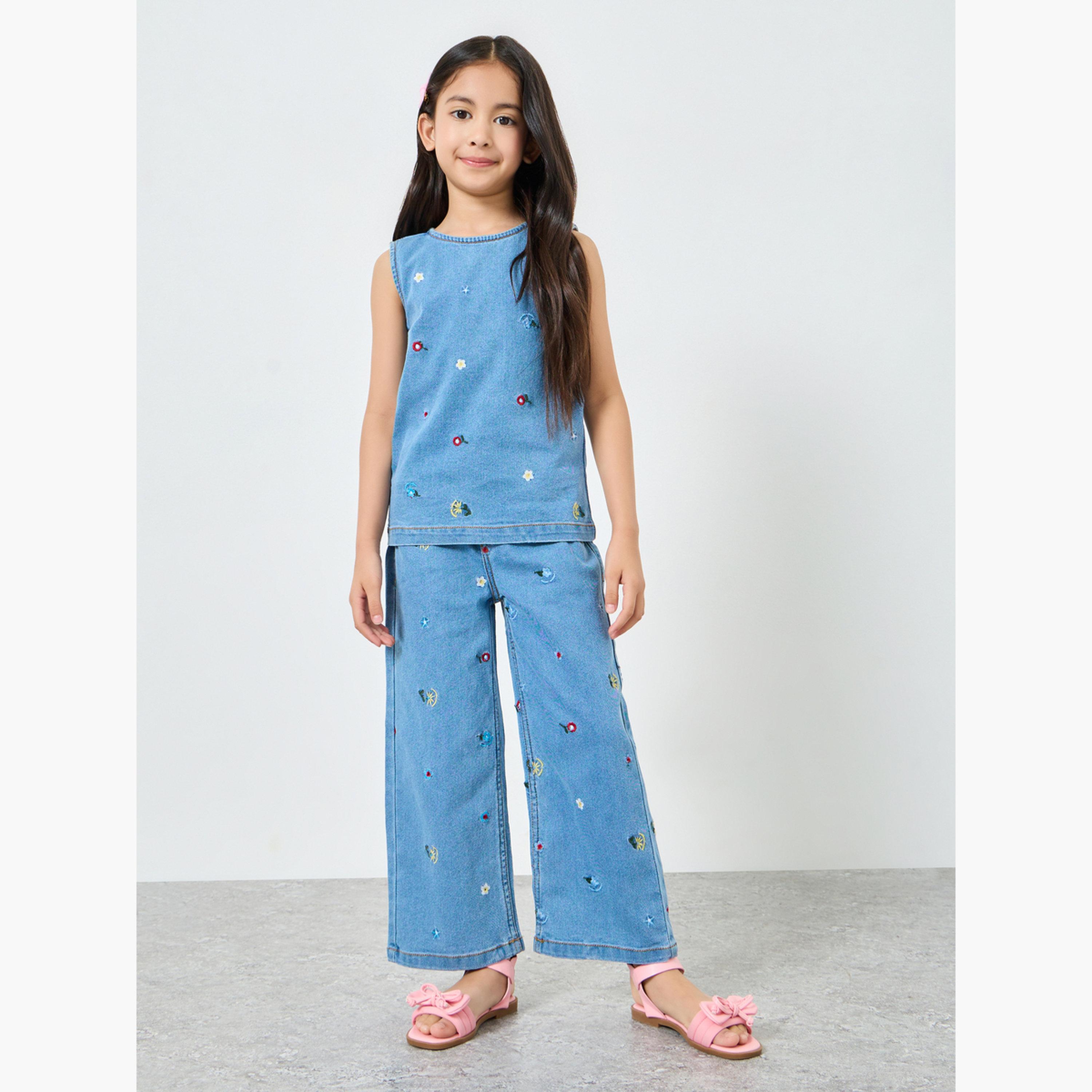 Styli Girls Light Blue Embroidered Denim Sleeveless Top-girls-clothing-blousesandshirts-image-2