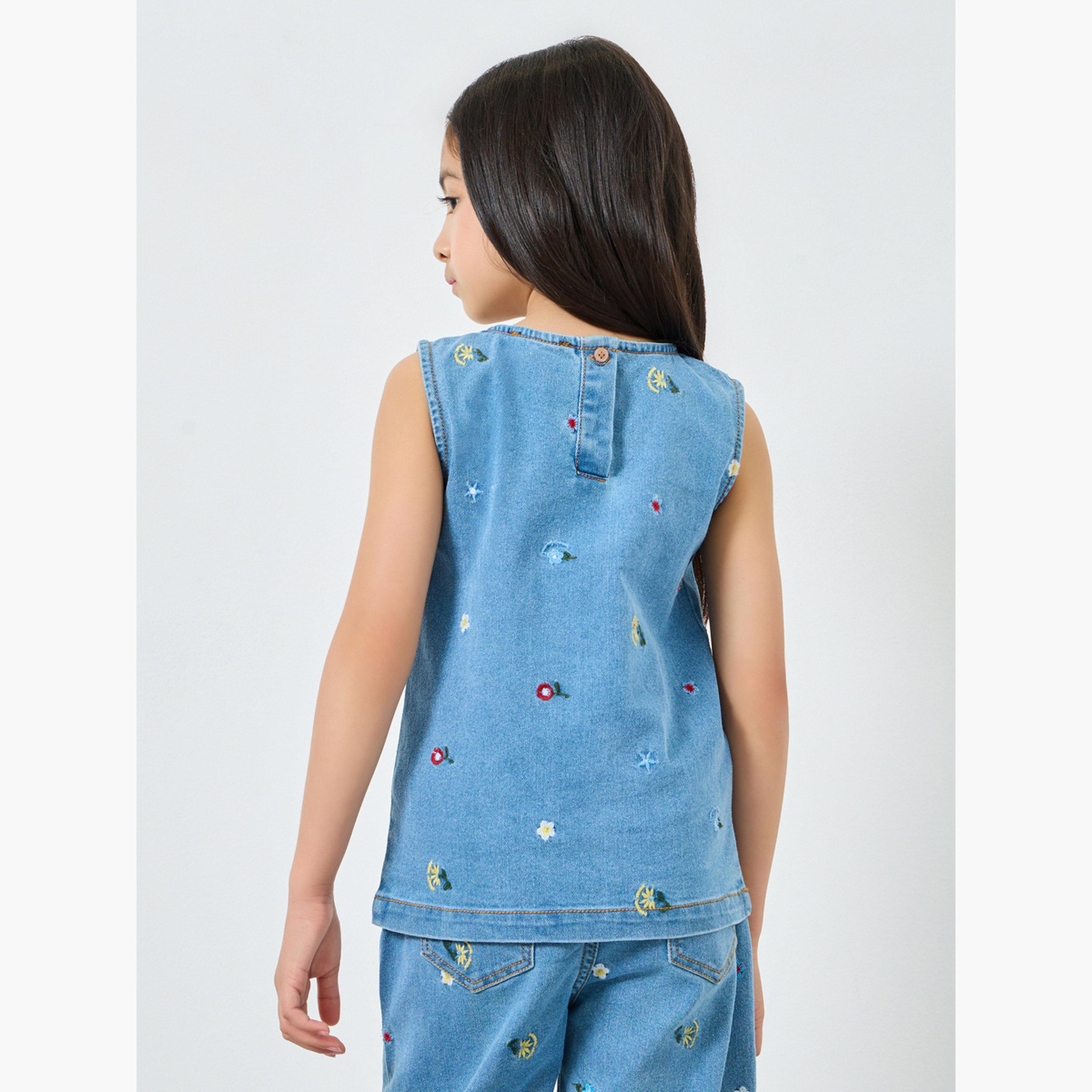 Styli Girls Light Blue Embroidered Denim Sleeveless Top-girls-clothing-blousesandshirts-image-4