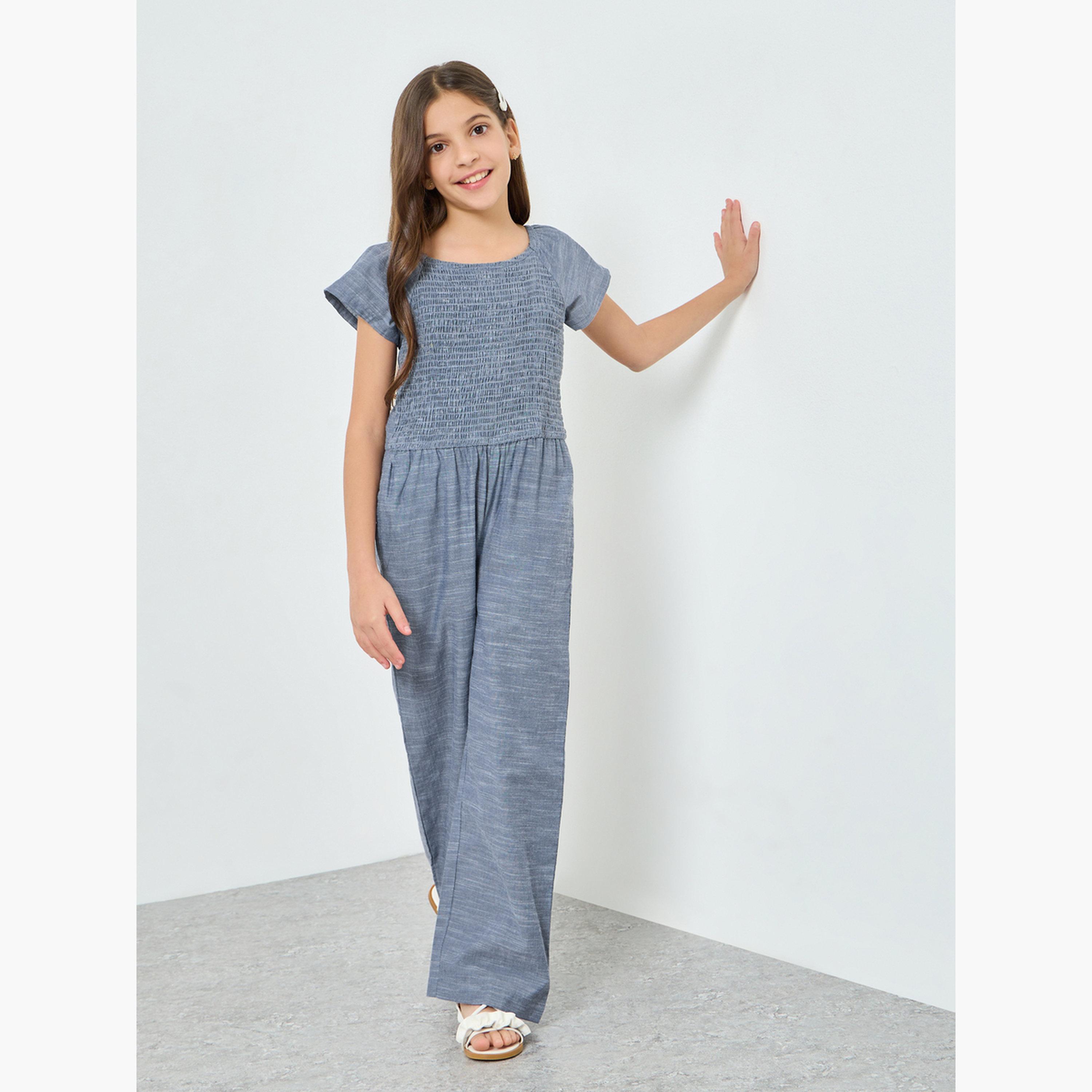 جمبسوت قطن أزرق بتفاصيل سموكنج-girls-clothing-dressesandjumpsuits-image-1