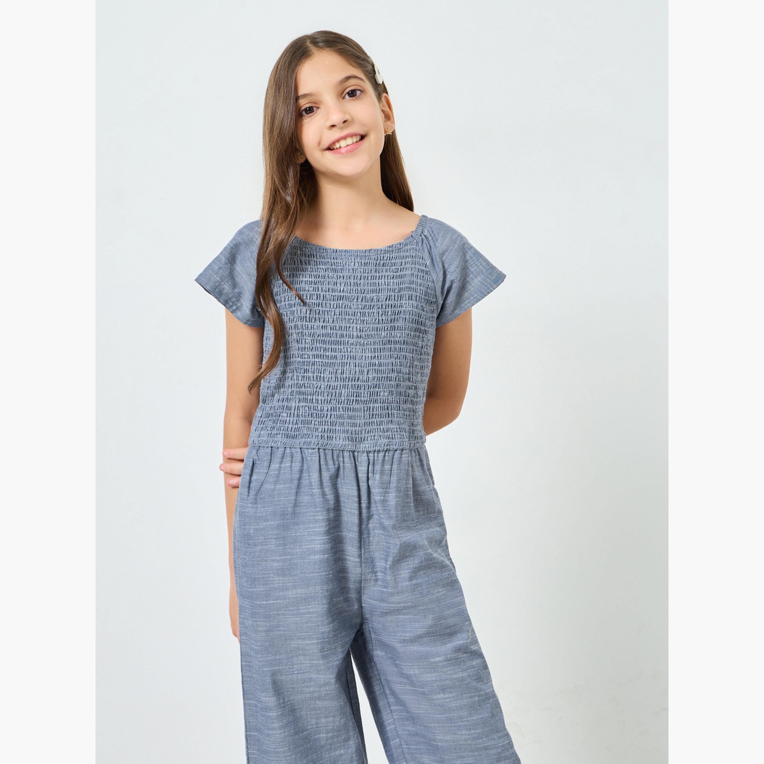 جمبسوت قطن أزرق بتفاصيل سموكنج-girls-clothing-dressesandjumpsuits-image-3