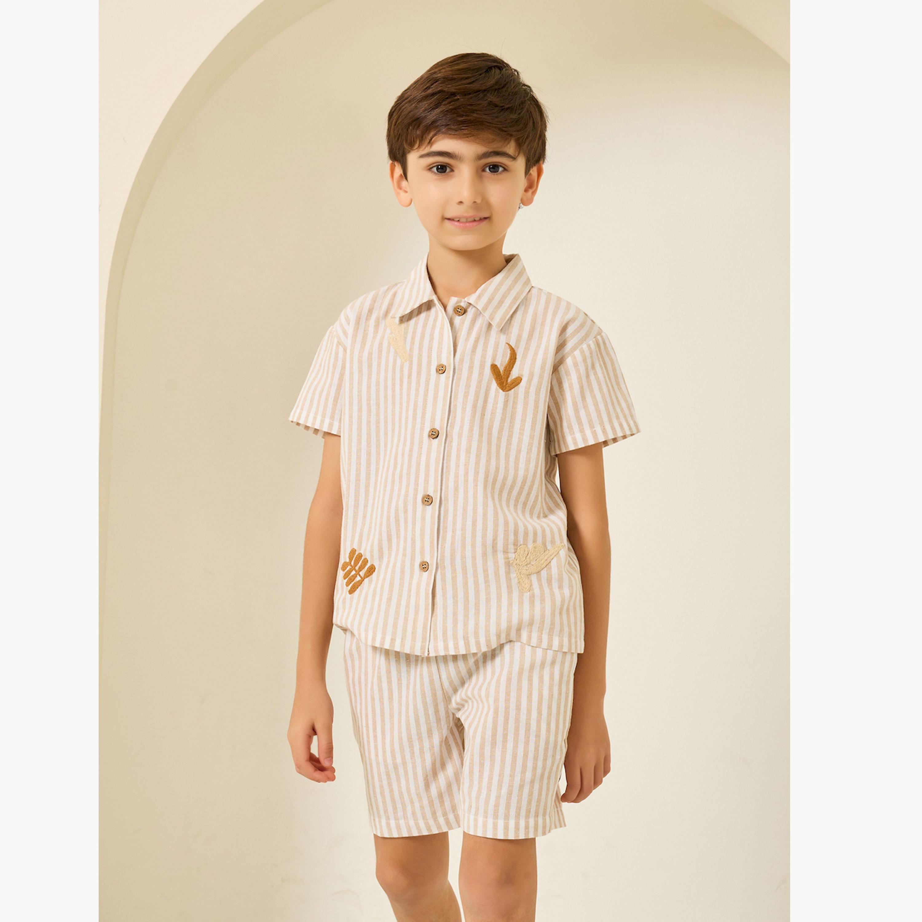Styli Boys Beige Striped Shirt and Shorts Set-boys-clothing-setsandcoords-image-1