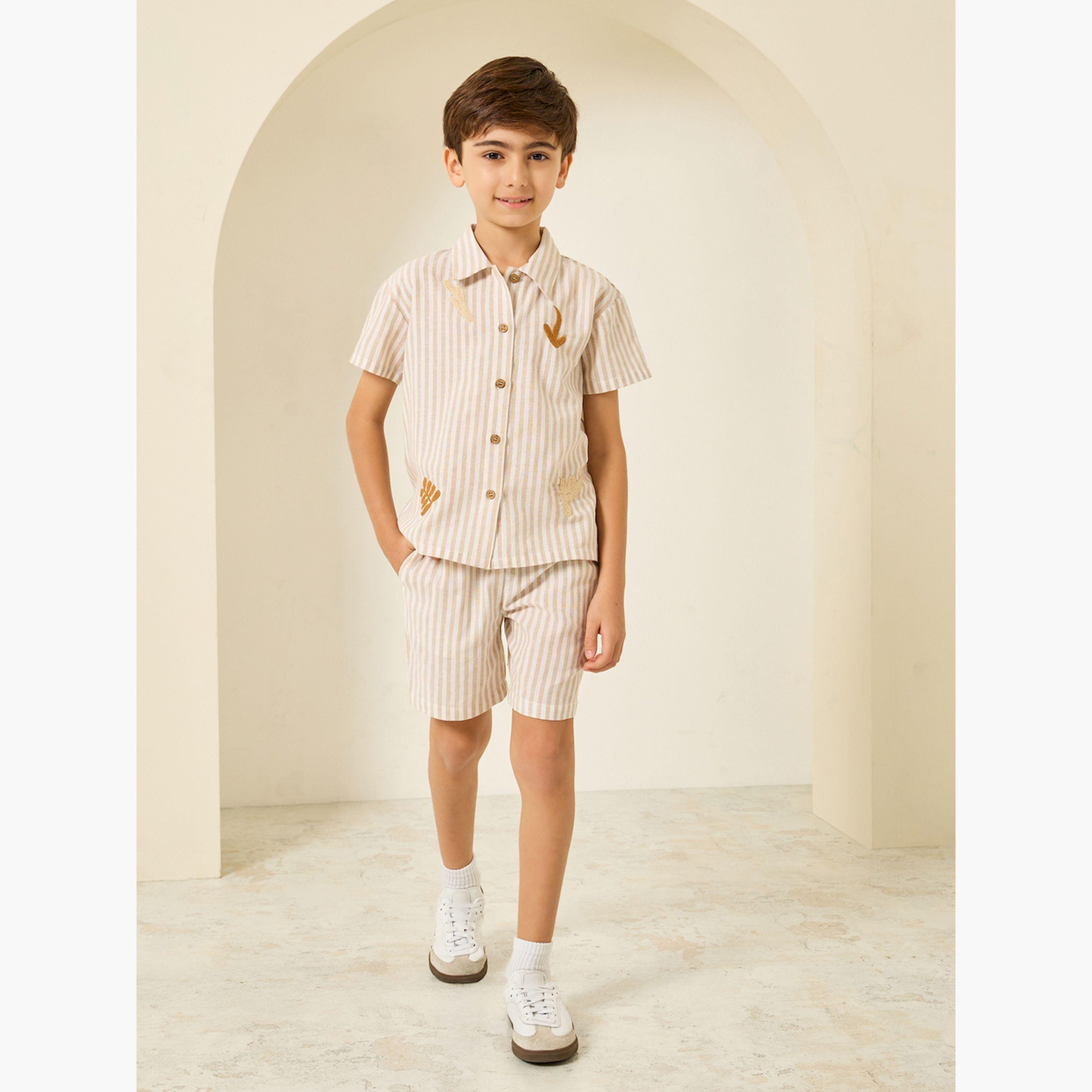 Styli Boys Beige Striped Shirt and Shorts Set-boys-clothing-setsandcoords-image-2