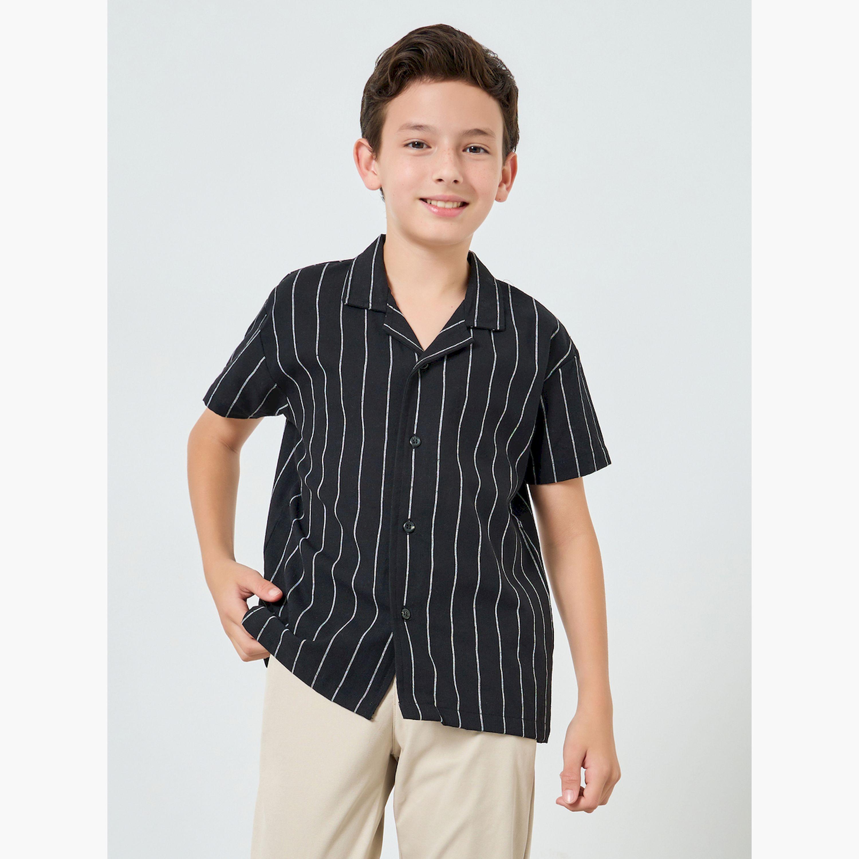 Styli Boys Black Striped Cotton Shirt-boys-clothing-shirts-image-1