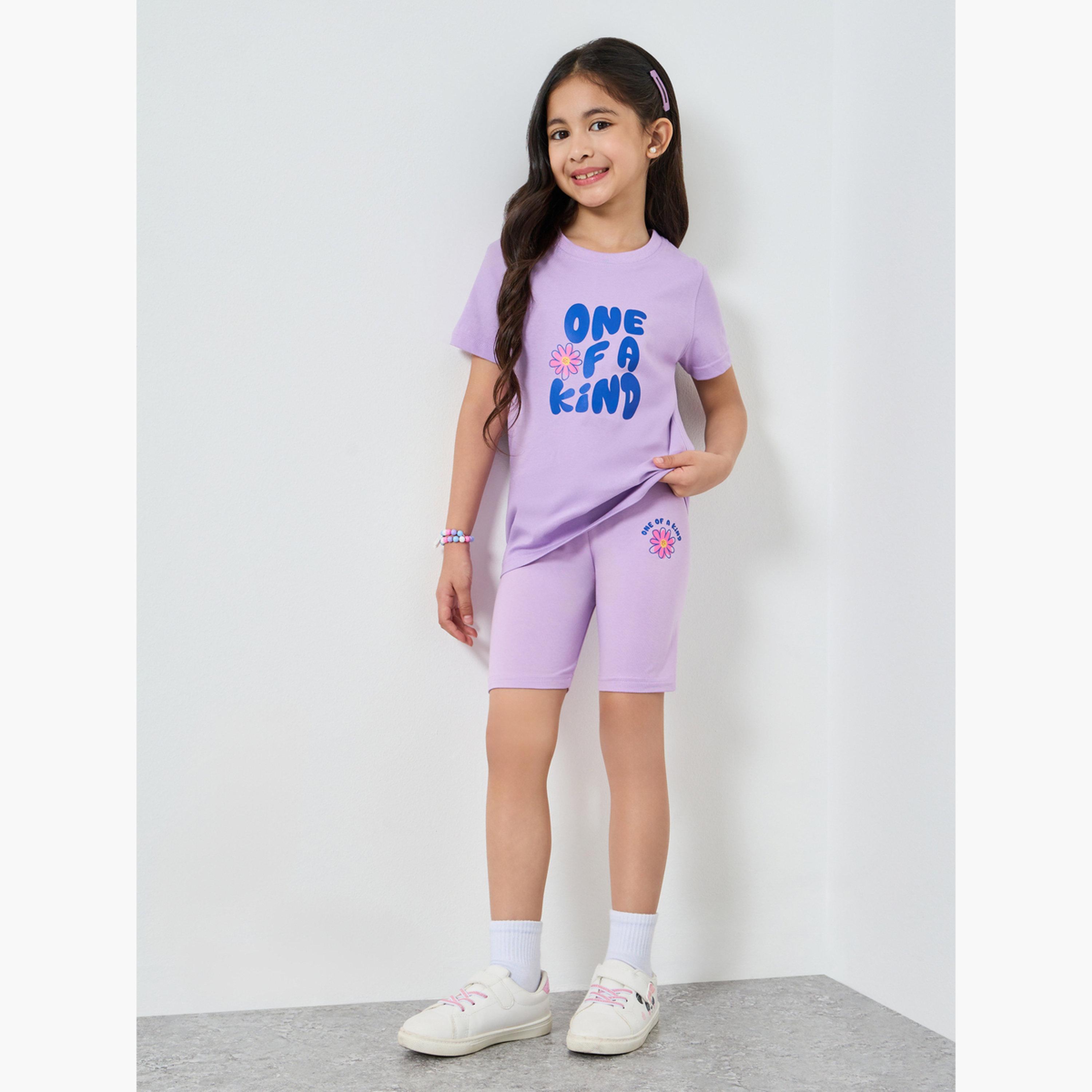 Styli Girls Lilac Graphic T-Shirt and Cycling Shorts Set-girls-clothing-setsandcoords-image-2
