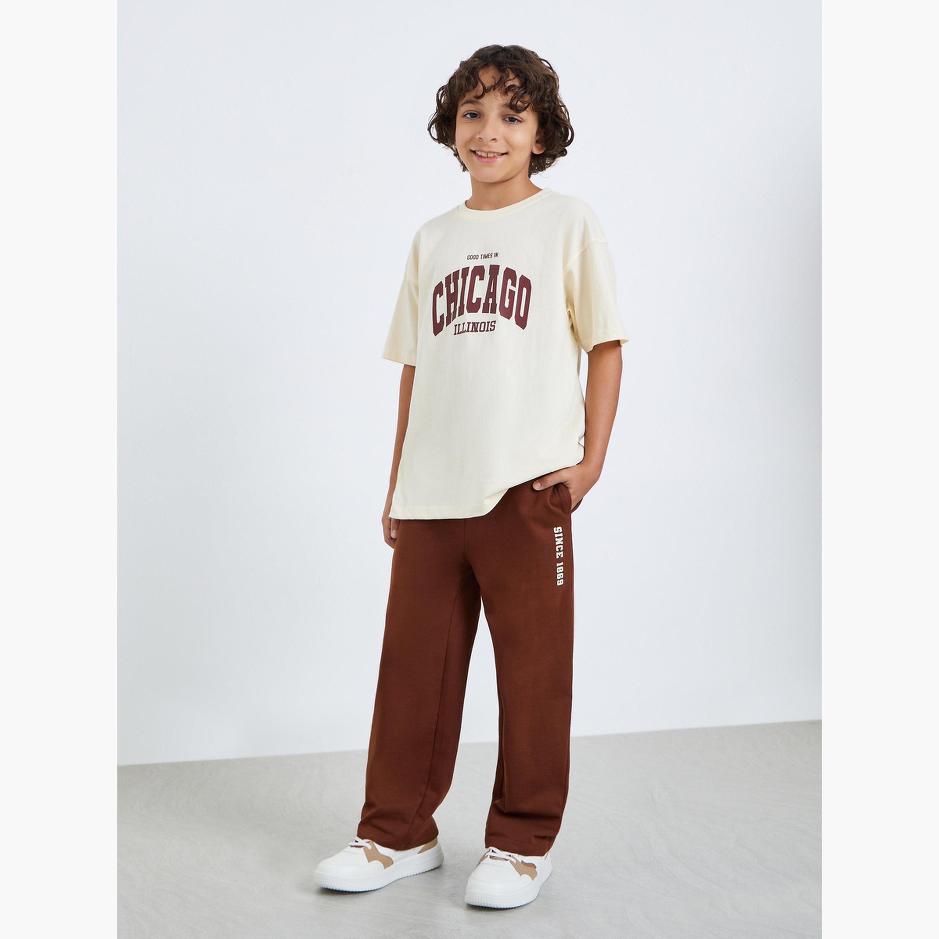 Styli Boys Beige Chicago Print T-Shirt and Brown Jogger Set-boys-clothing-setsandcoords-image-1