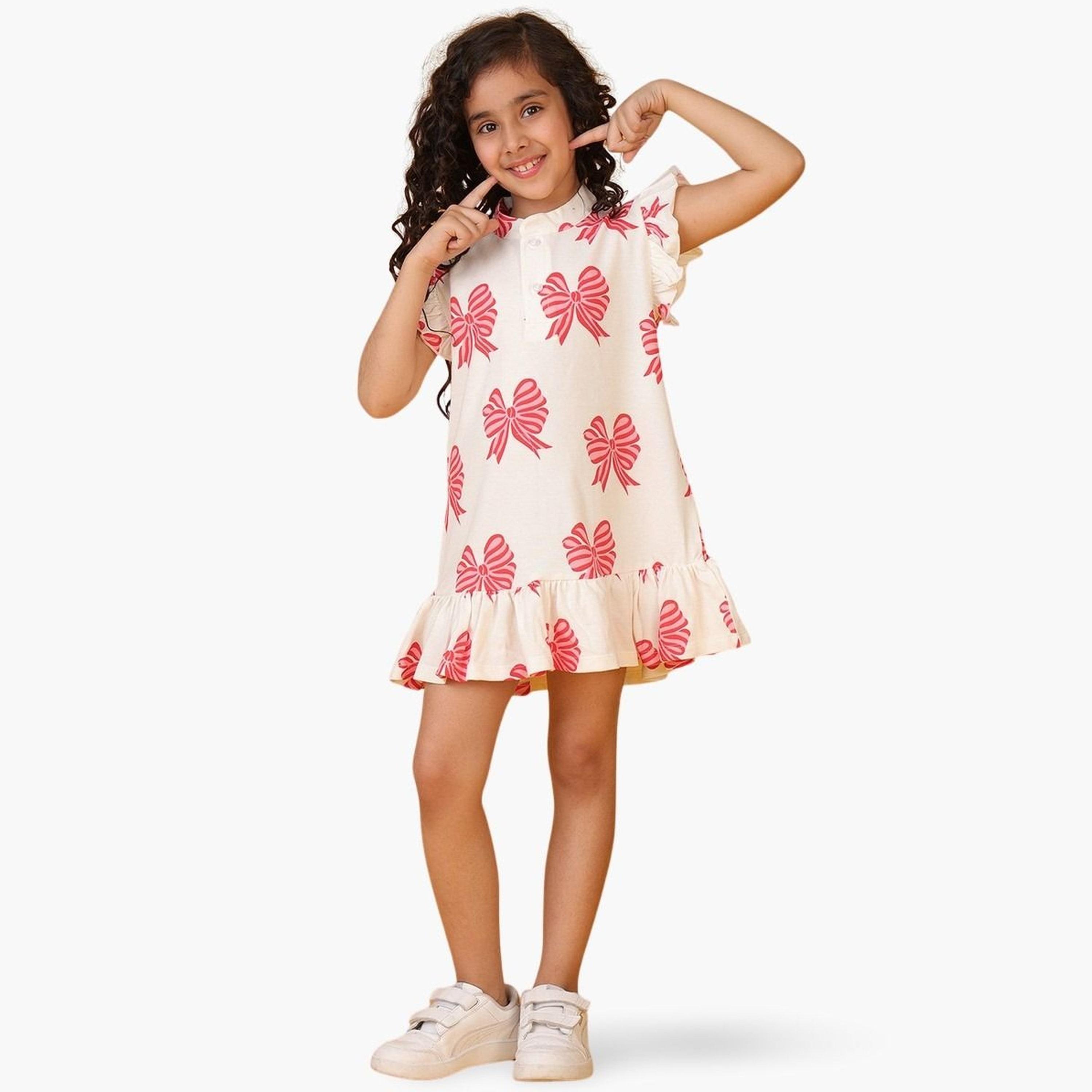 Anthrilo White Bow Pink Frill Hem Dress-girls-clothing-dressesandjumpsuits-image-1