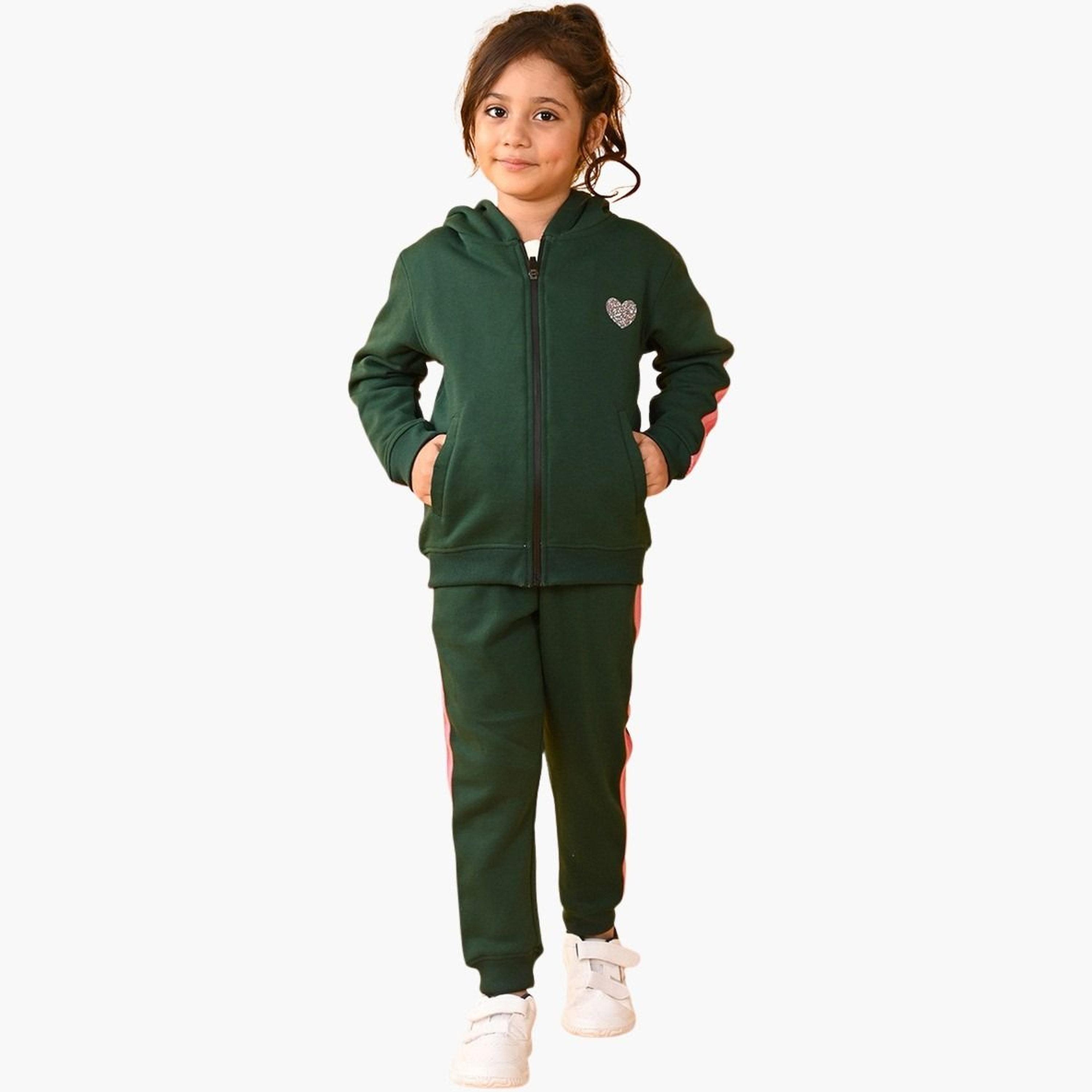 Anthrilo Olive Fleece Pink Glitter Tape Hoodie and Joggers Set-girls-clothing-setsandcoords-image-2