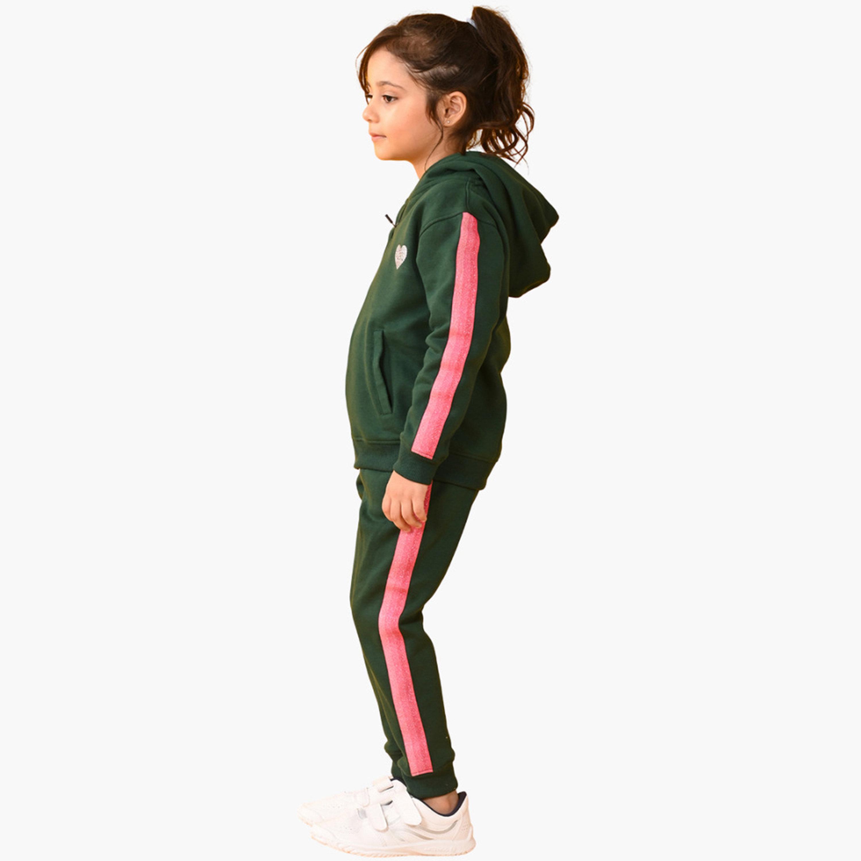 Anthrilo Olive Fleece Pink Glitter Tape Hoodie and Joggers Set-girls-clothing-setsandcoords-image-5