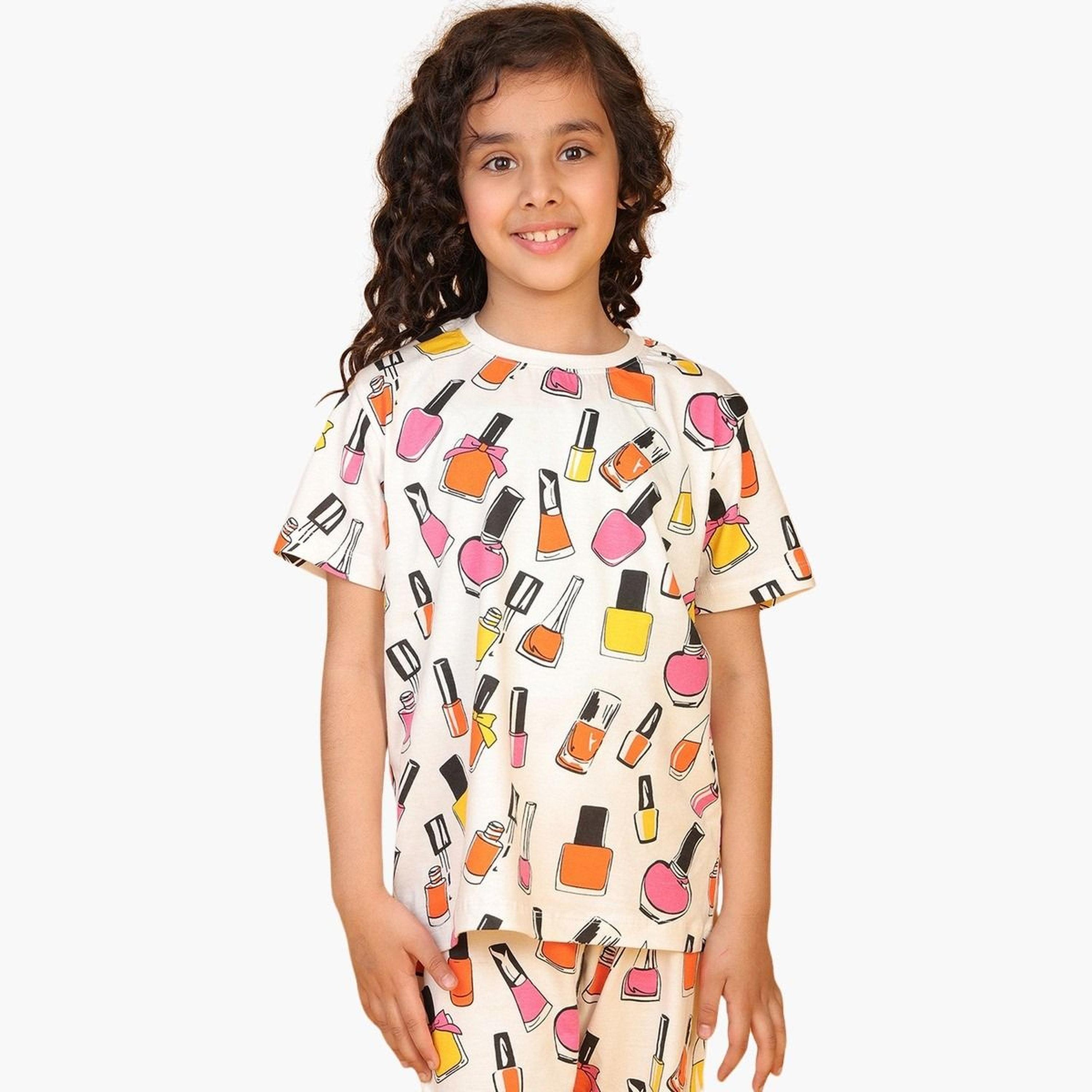 Anthrilo Girls Nail Polish Print Cotton T-Shirt and Pants Set-girls-clothing-setsandcoords-image-6