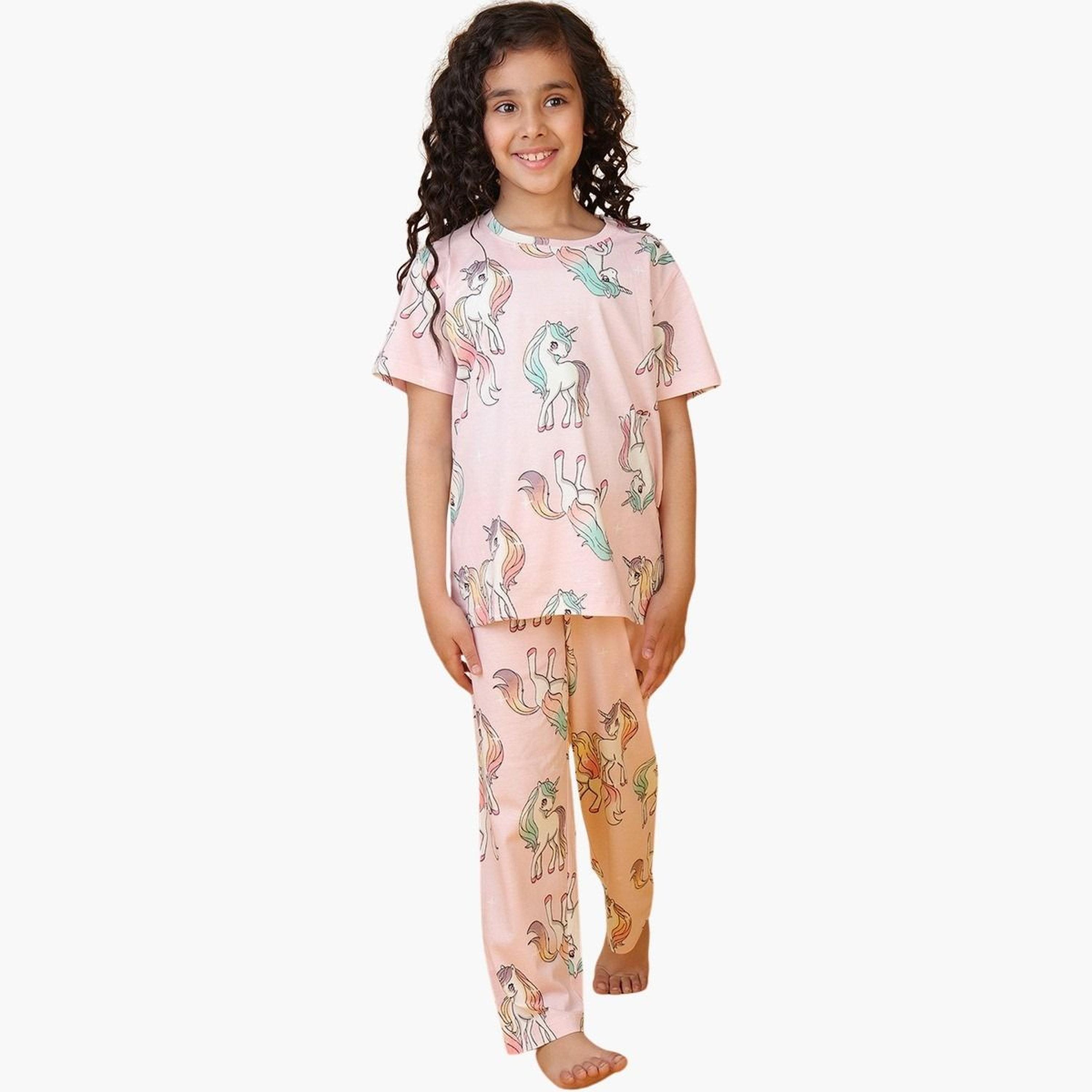 انثريلو - طقم تي شيرت وبنطال قطني نقشة يونيكورن للبنات-girls-clothing-setsandcoords-image-2