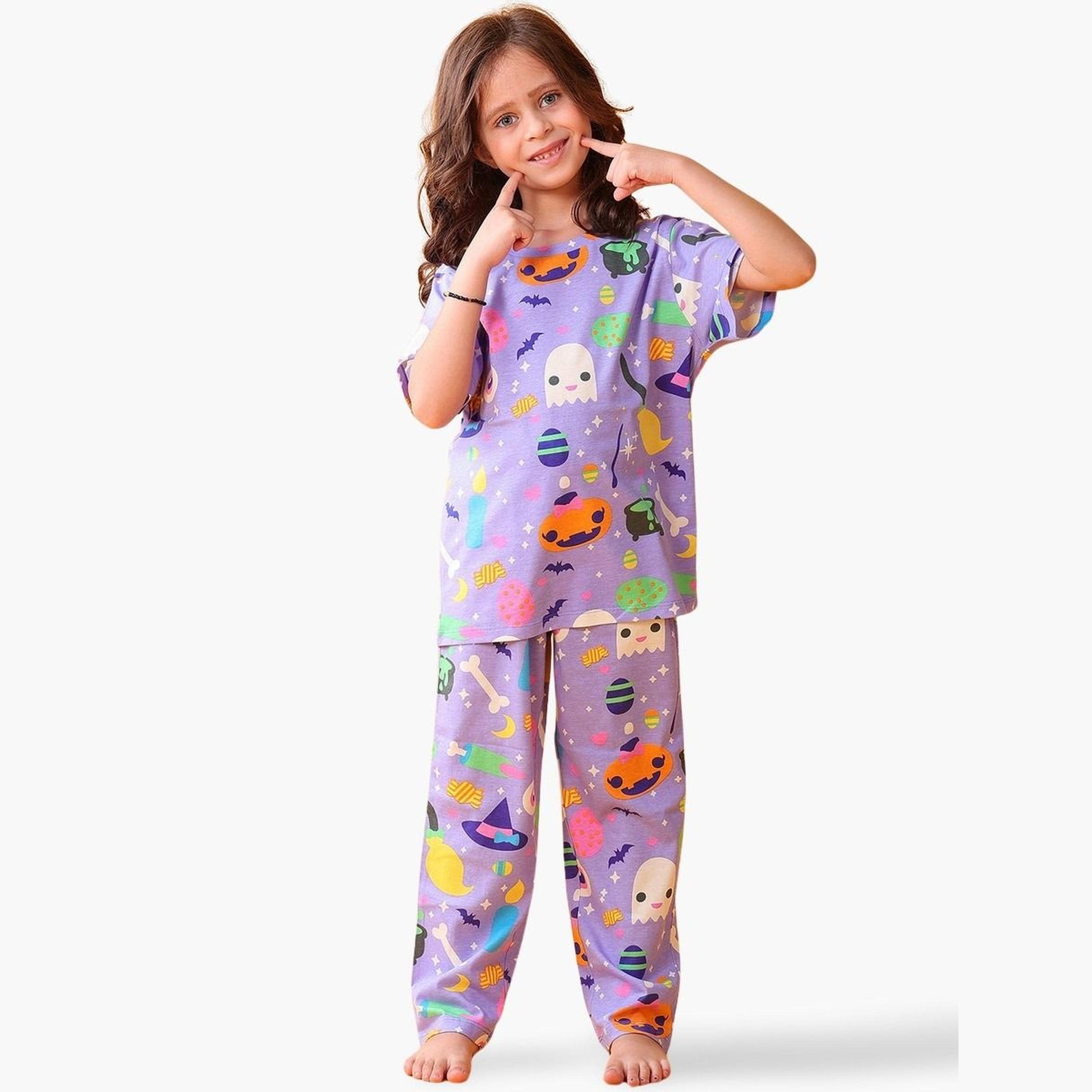 أنثريلو - طقم تي شيرت وبنطال للبنات قطني مطبوع عليه صورة الهالوين-girls-clothing-setsandcoords-image-1