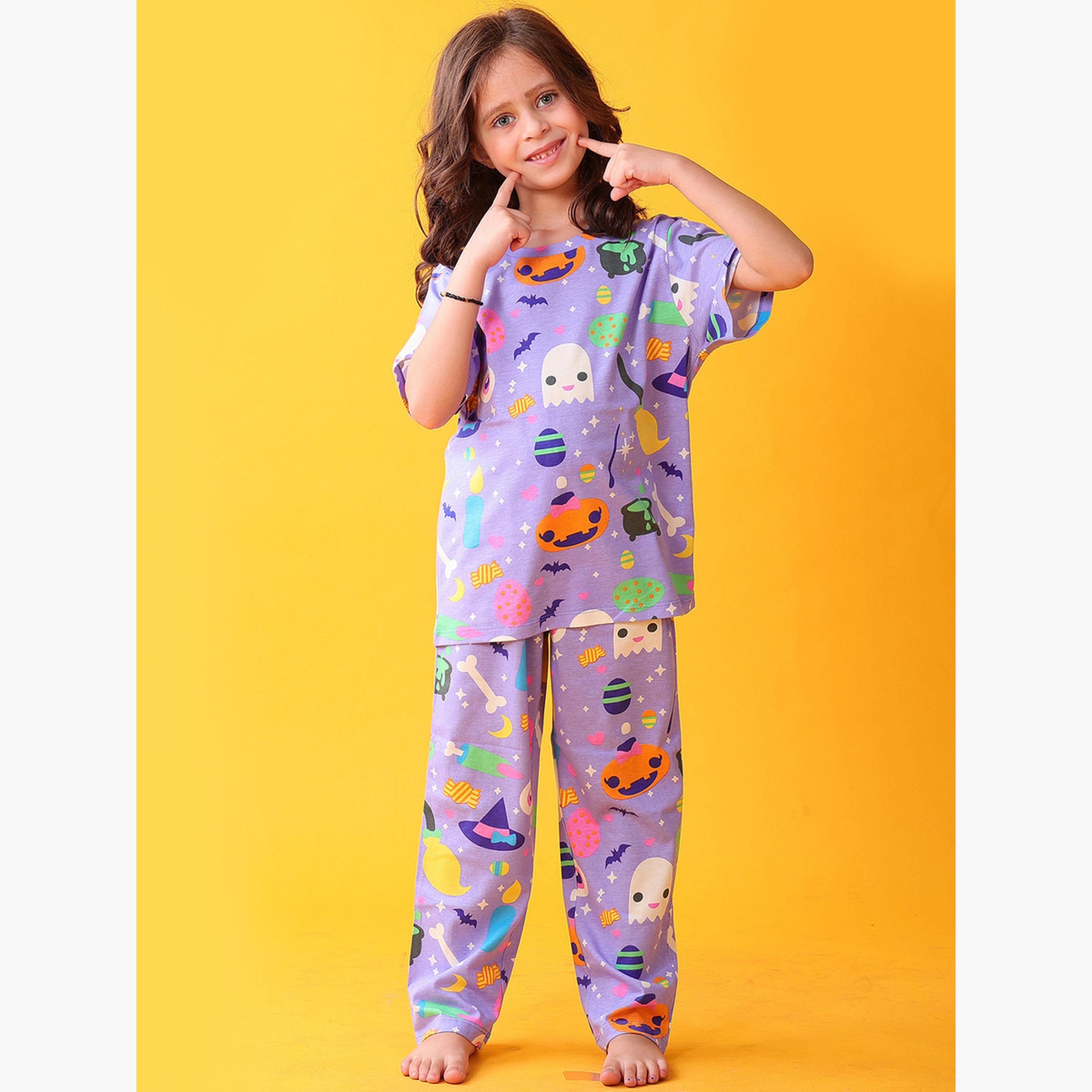 أنثريلو - طقم تي شيرت وبنطال للبنات قطني مطبوع عليه صورة الهالوين-girls-clothing-setsandcoords-image-2