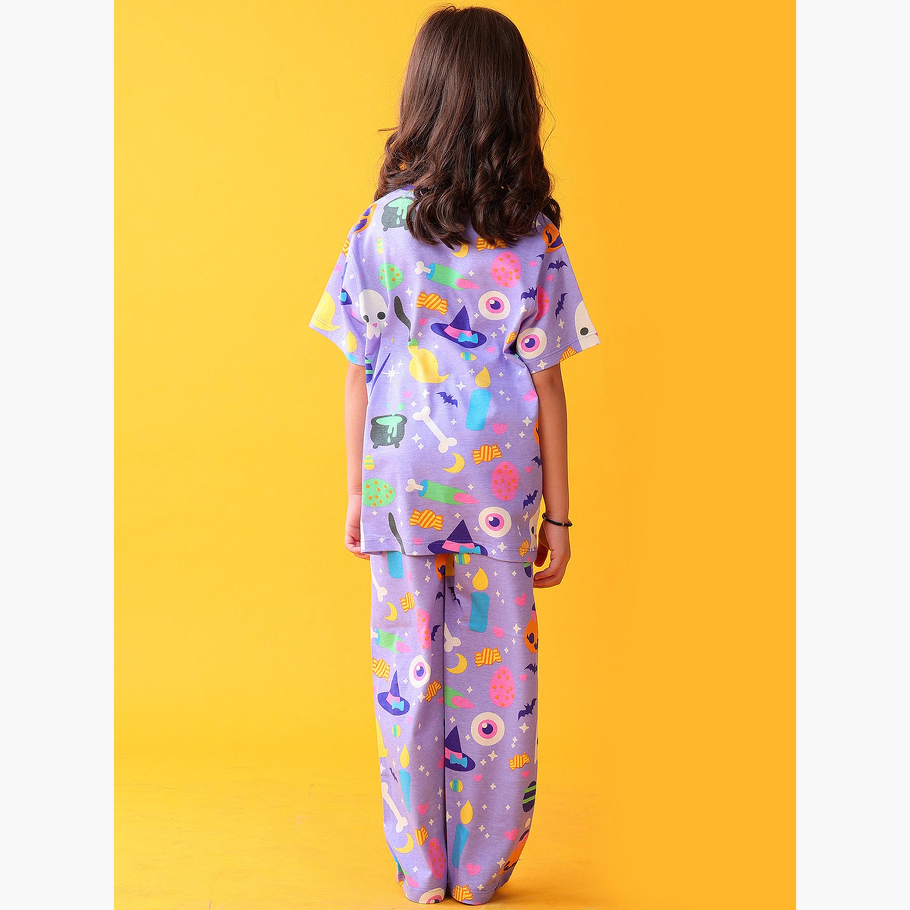 أنثريلو - طقم تي شيرت وبنطال للبنات قطني مطبوع عليه صورة الهالوين-girls-clothing-setsandcoords-image-3