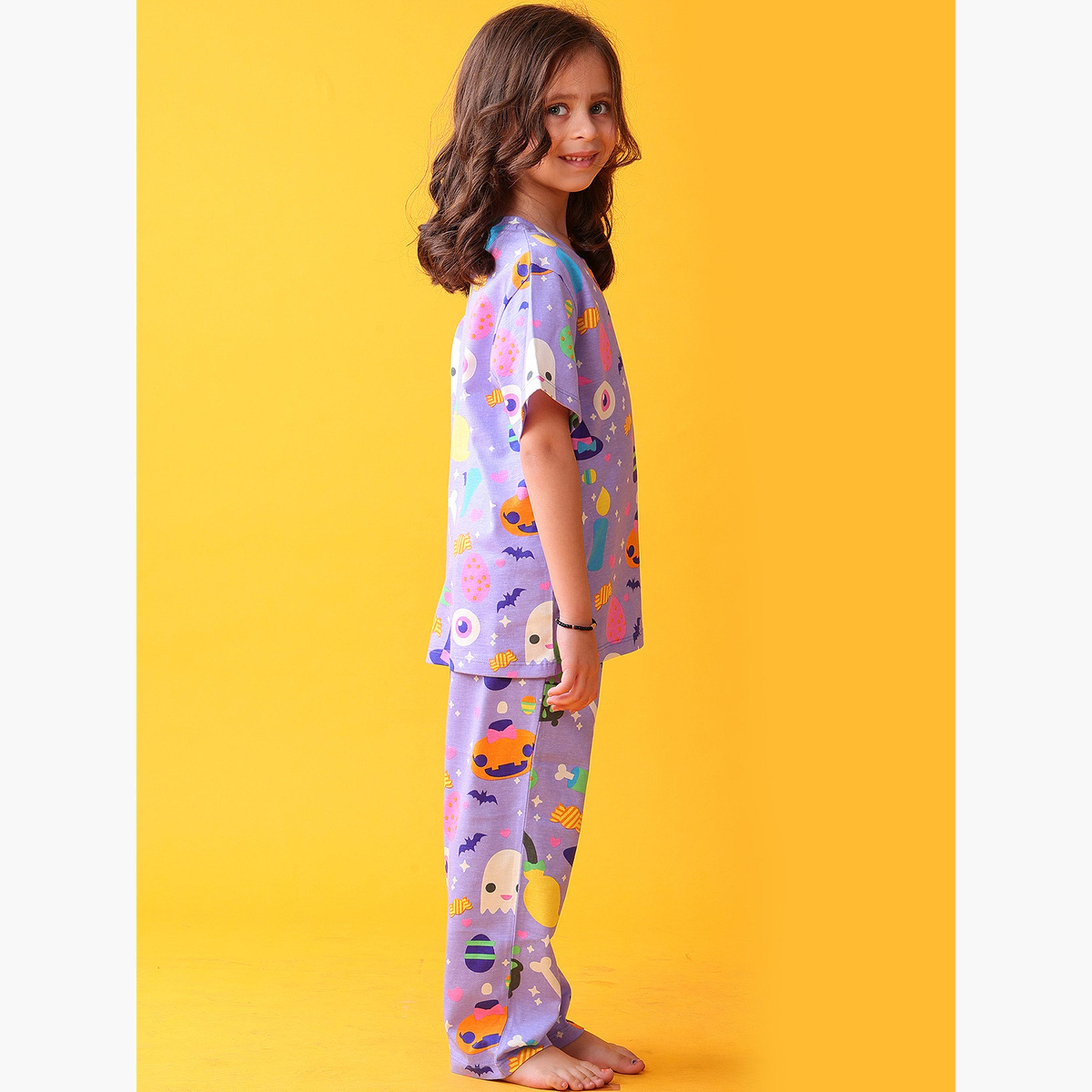 أنثريلو - طقم تي شيرت وبنطال للبنات قطني مطبوع عليه صورة الهالوين-girls-clothing-setsandcoords-image-4