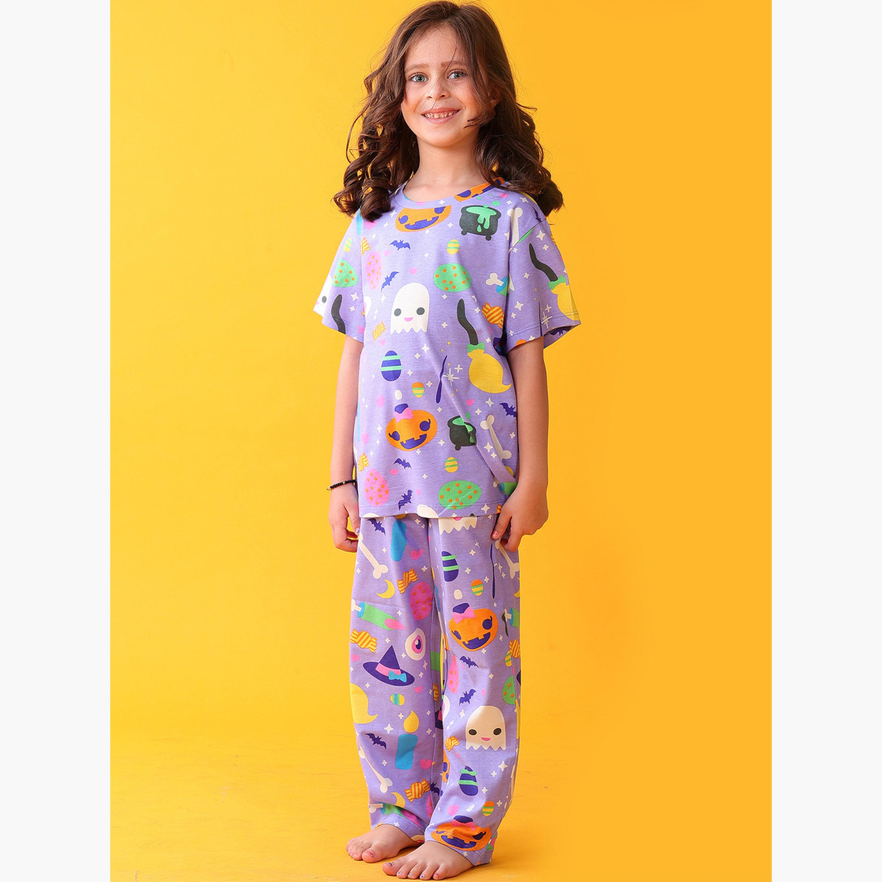 أنثريلو - طقم تي شيرت وبنطال للبنات قطني مطبوع عليه صورة الهالوين-girls-clothing-setsandcoords-image-6
