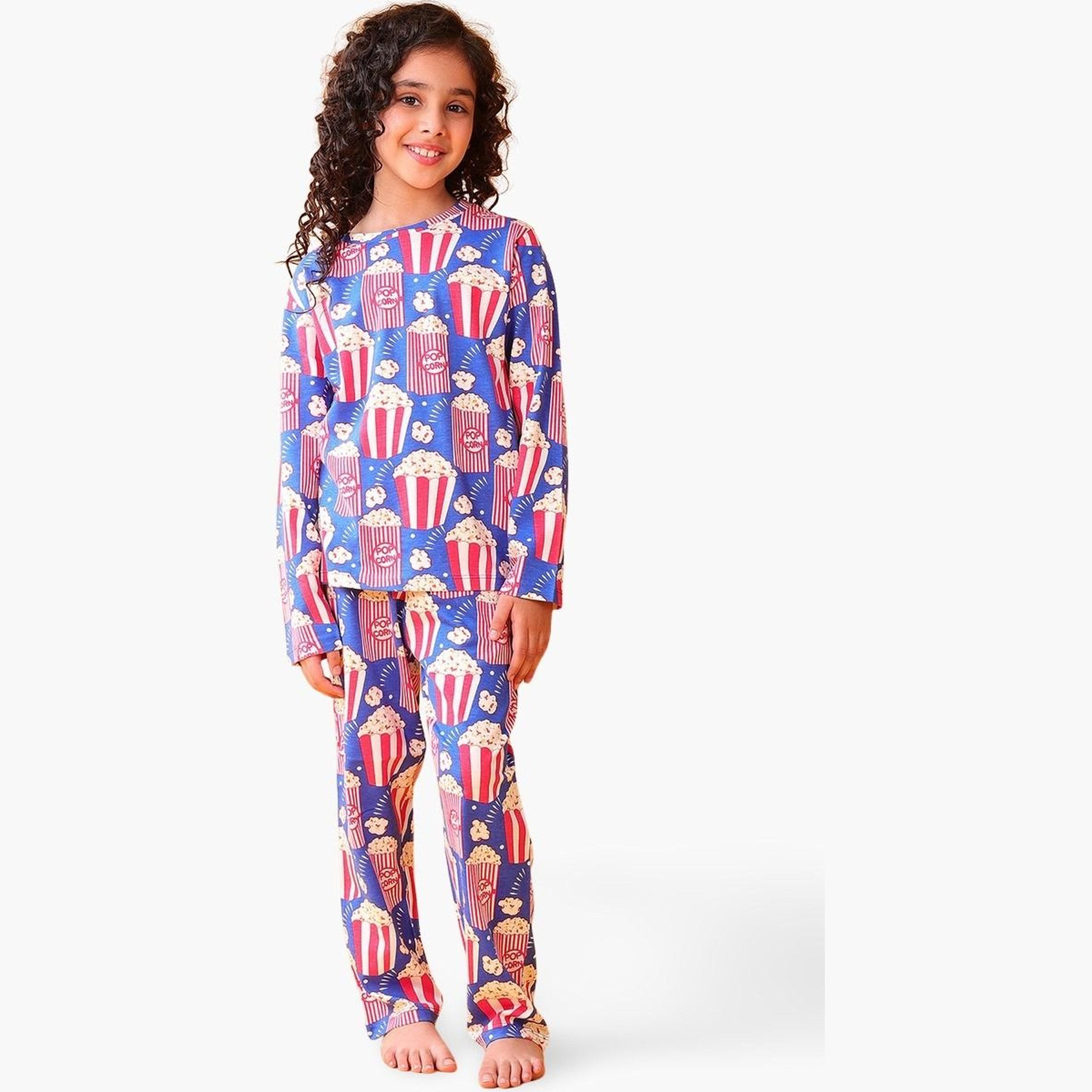 أنثريلو - طقم تي شيرت وبنطال للبنات قطني بطبعة الفشار باللون الأزرق-girls-clothing-setsandcoords-image-1