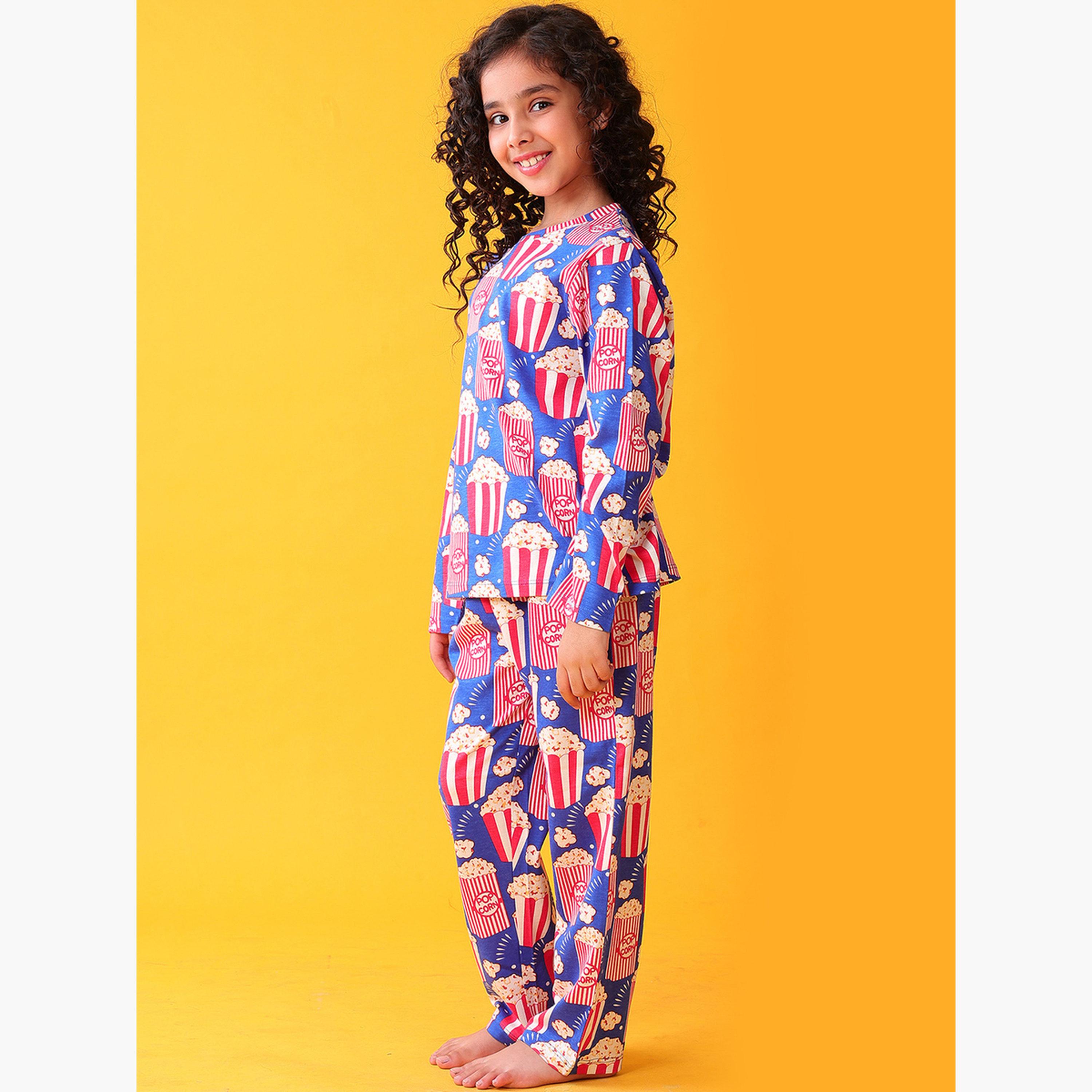 أنثريلو - طقم تي شيرت وبنطال للبنات قطني بطبعة الفشار باللون الأزرق-girls-clothing-setsandcoords-image-3