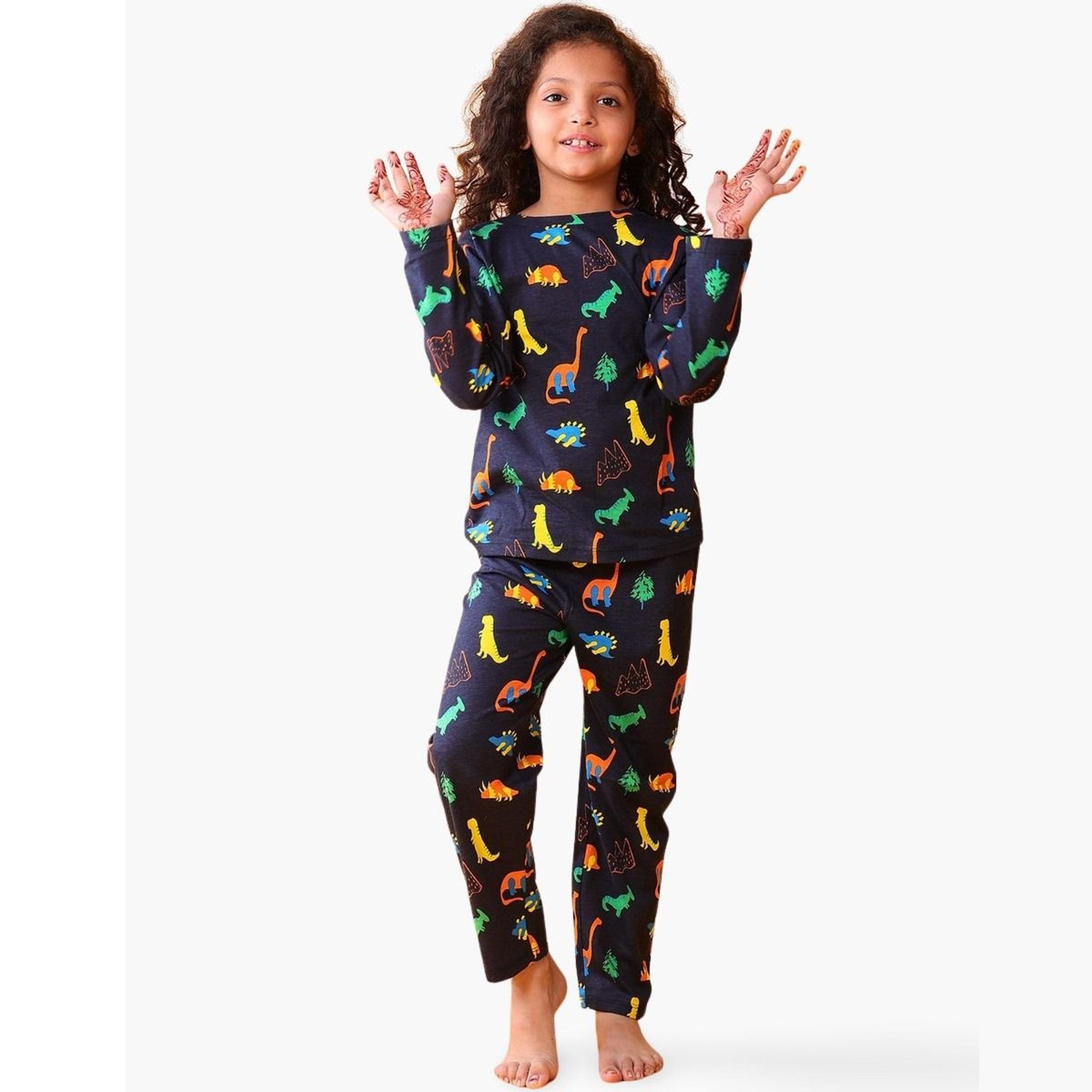 أنثريلو - طقم تي شيرت وبنطال للبنات بأكمام طويلة - ديناصورات مرحة لون أزرق بحري-girls-clothing-setsandcoords-image-1