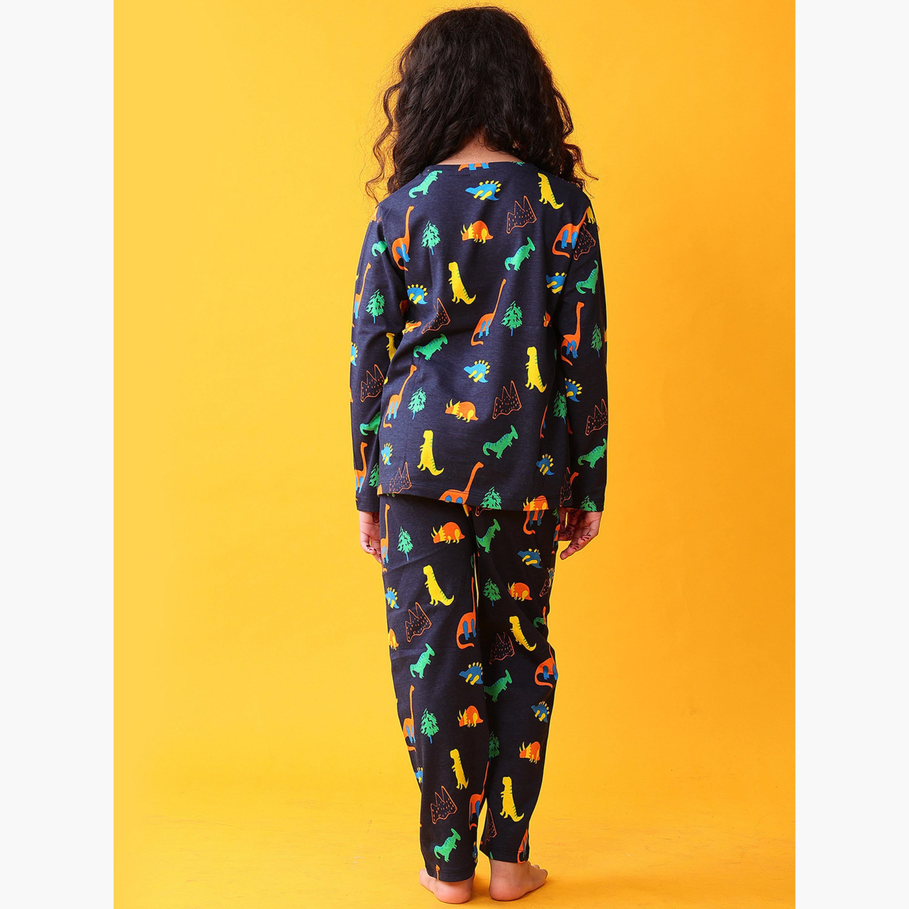 أنثريلو - طقم تي شيرت وبنطال للبنات بأكمام طويلة - ديناصورات مرحة لون أزرق بحري-girls-clothing-setsandcoords-image-2