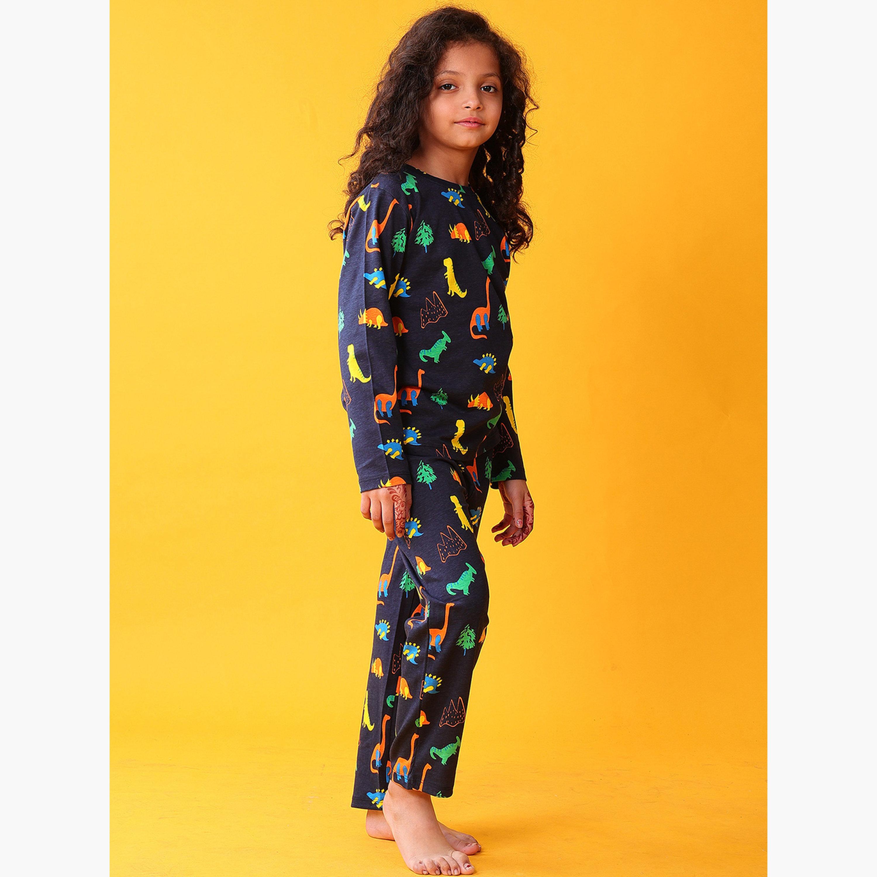 أنثريلو - طقم تي شيرت وبنطال للبنات بأكمام طويلة - ديناصورات مرحة لون أزرق بحري-girls-clothing-setsandcoords-image-3