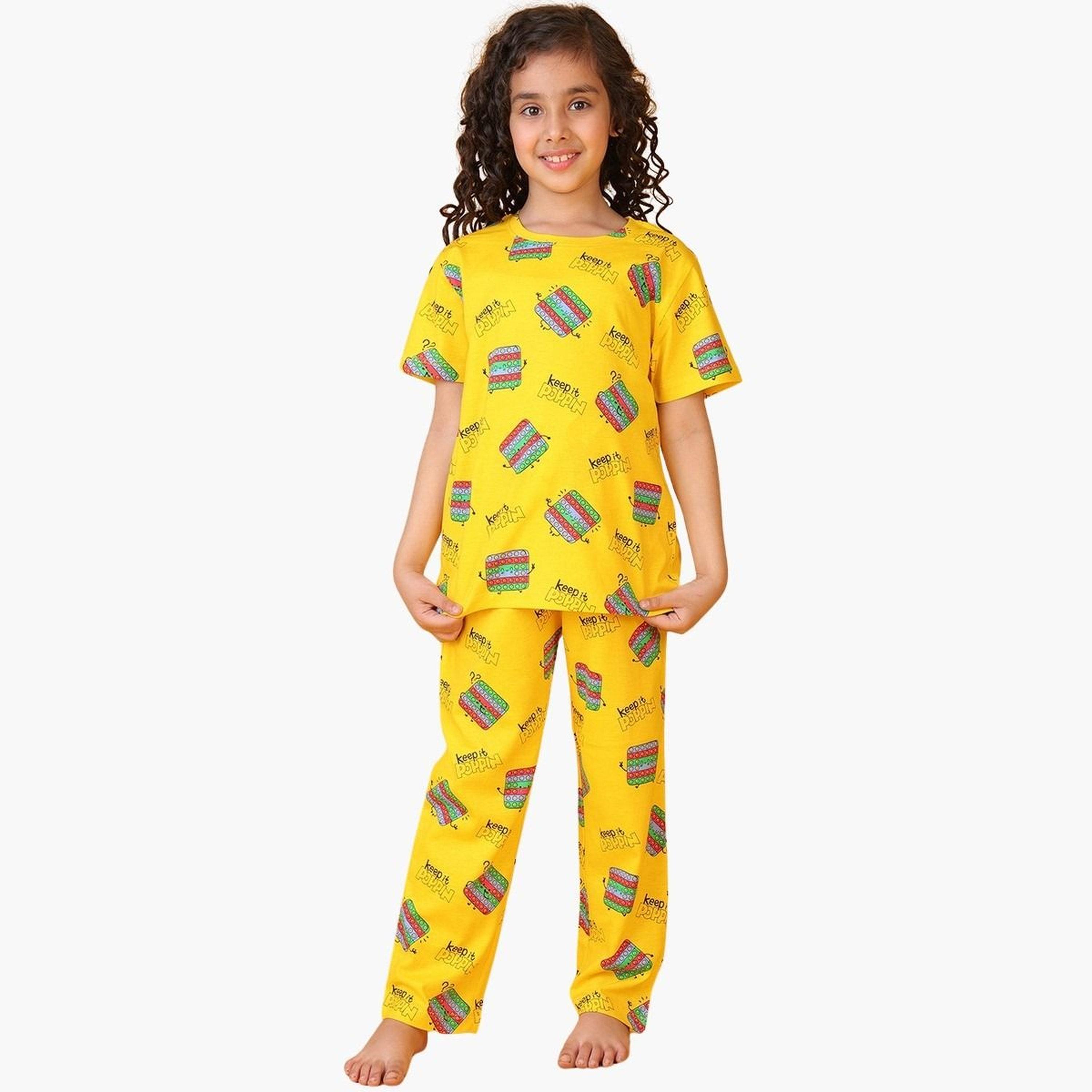 Anthrilo Girls Yellow Pop It Cotton T-Shirt and Pants Set-girls-clothing-setsandcoords-image-1