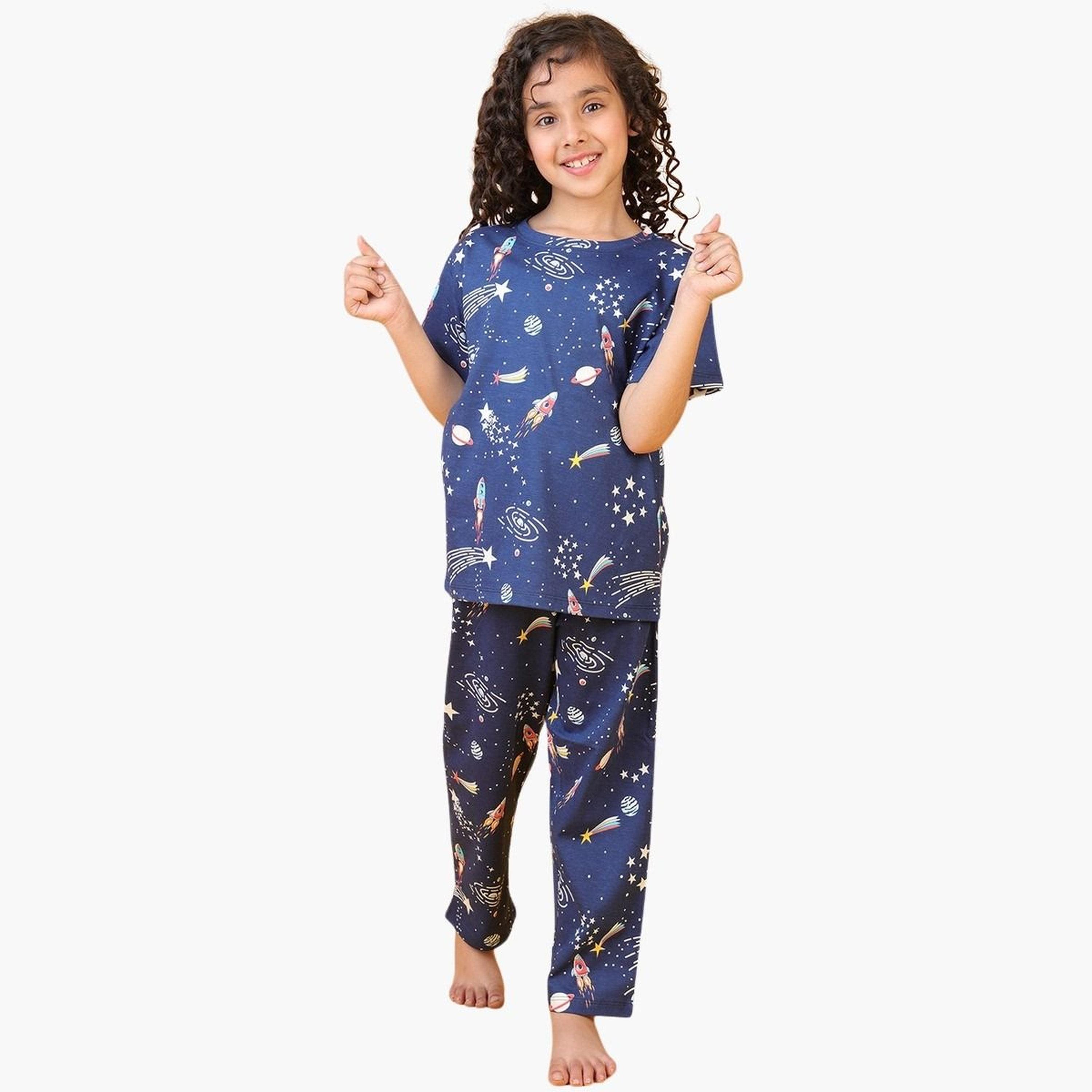 Anthrilo Girls Navy Blue Space Print Cotton T-Shirt and Pants Set-girls-clothing-setsandcoords-image-1