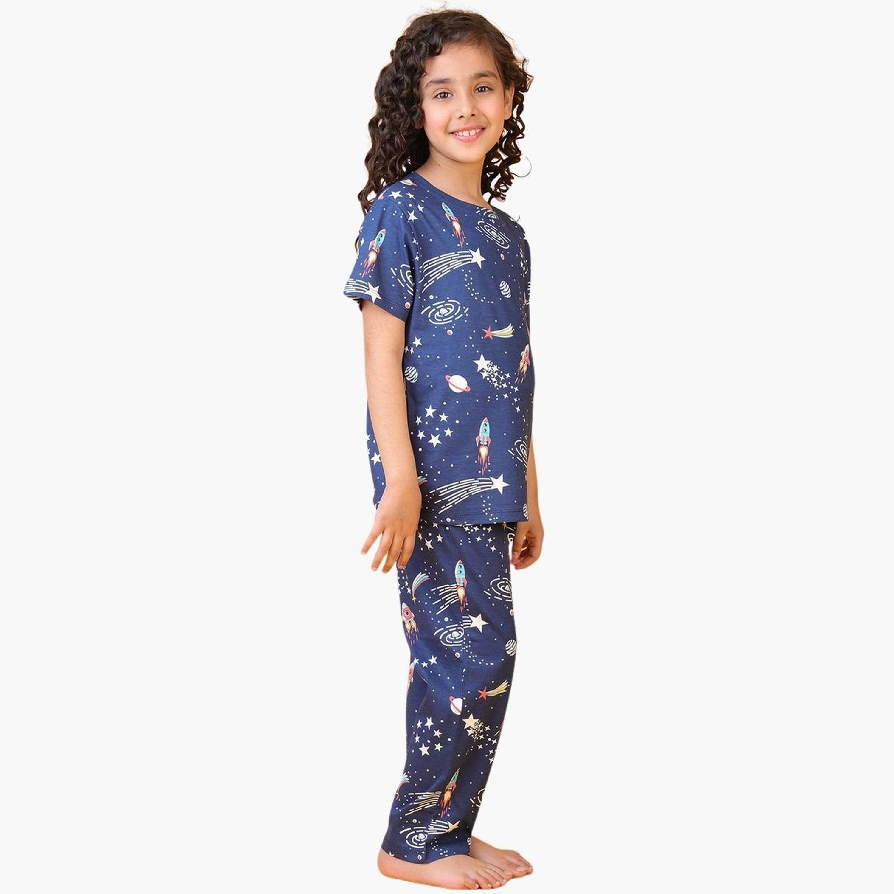 Anthrilo Girls Navy Blue Space Print Cotton T-Shirt and Pants Set-girls-clothing-setsandcoords-image-2