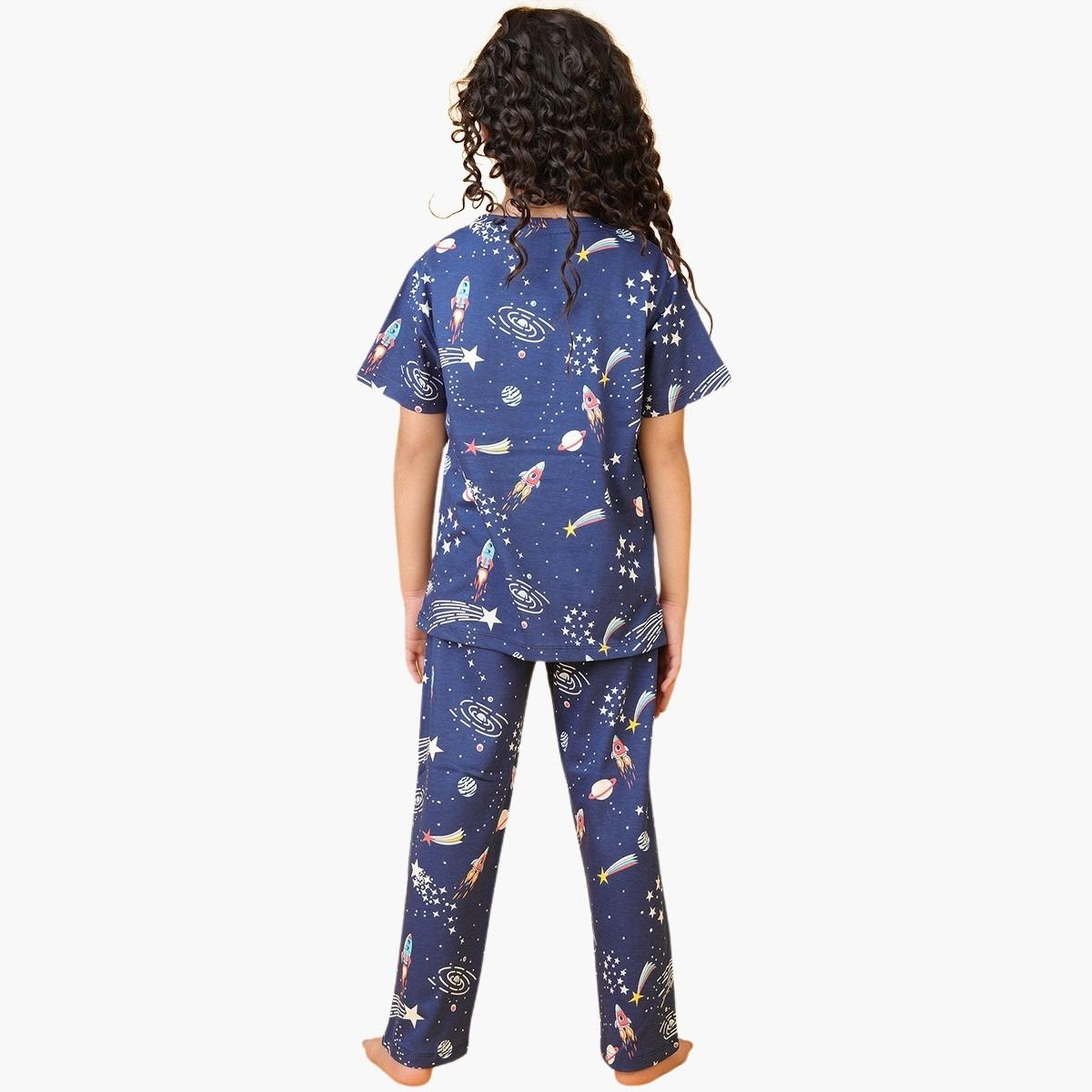 Anthrilo Girls Navy Blue Space Print Cotton T-Shirt and Pants Set-girls-clothing-setsandcoords-image-3