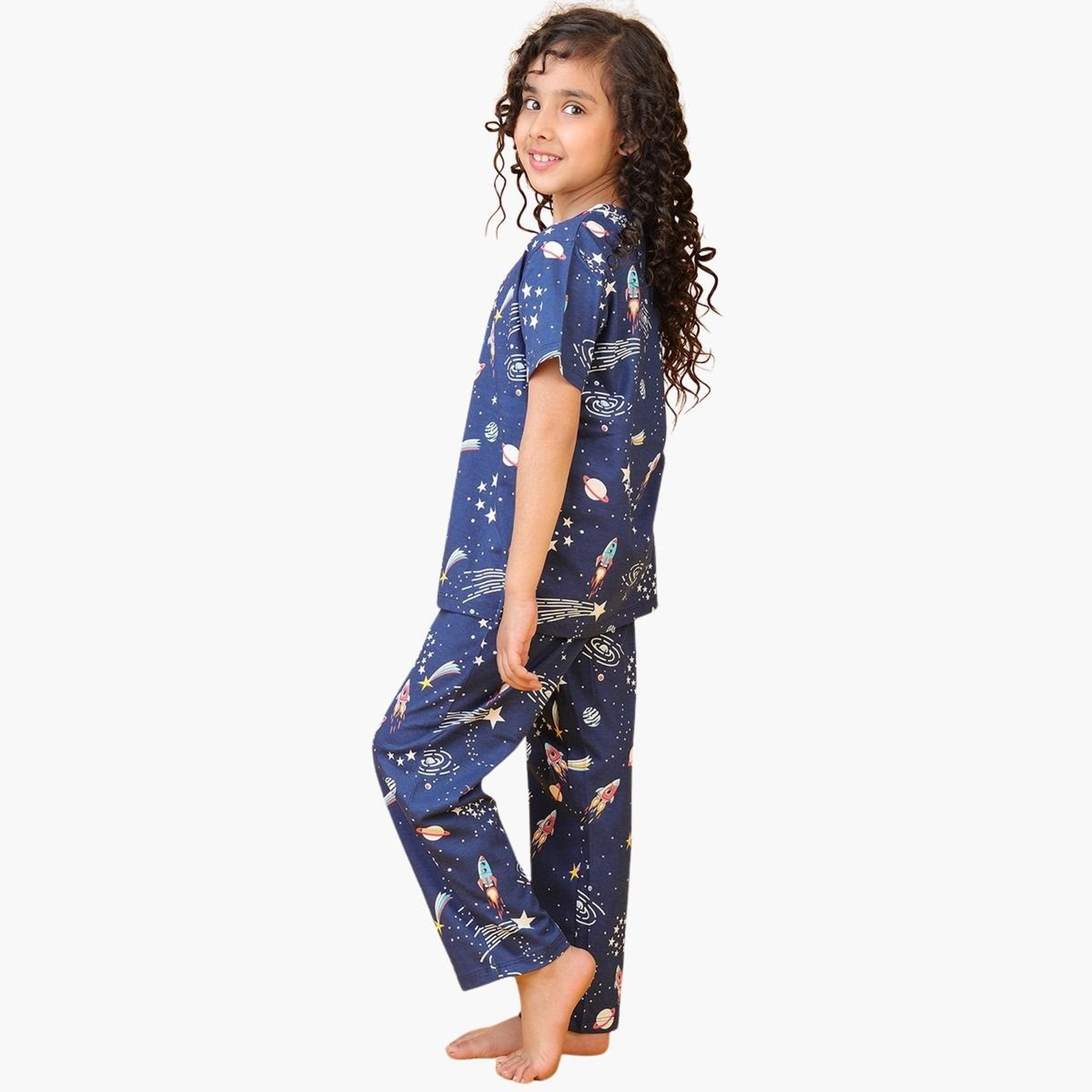 Anthrilo Girls Navy Blue Space Print Cotton T-Shirt and Pants Set-girls-clothing-setsandcoords-image-5