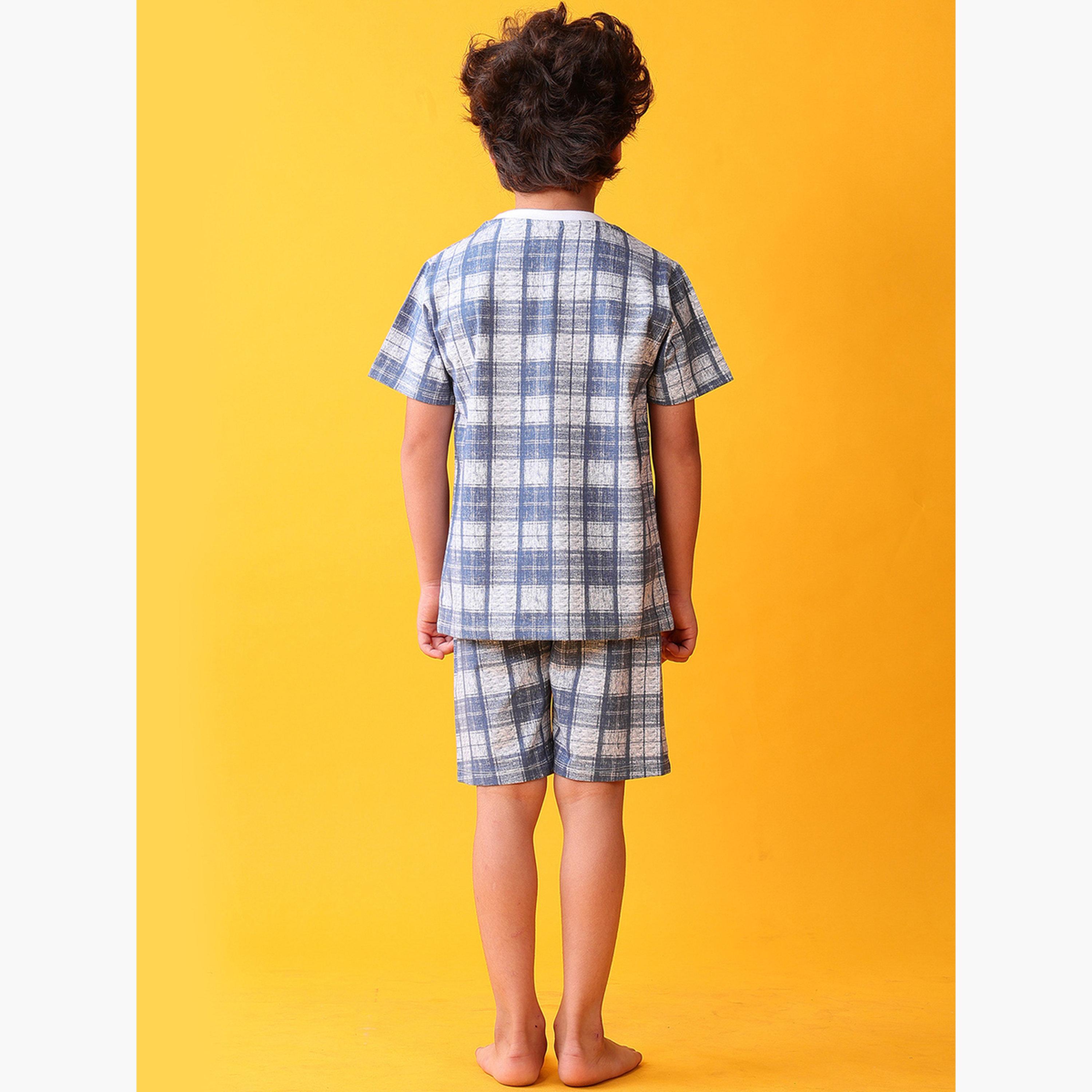 Anthrilo Kids Blue Checkered Cotton T-Shirt and Shorts Set-boys-clothing-setsandcoords-image-2