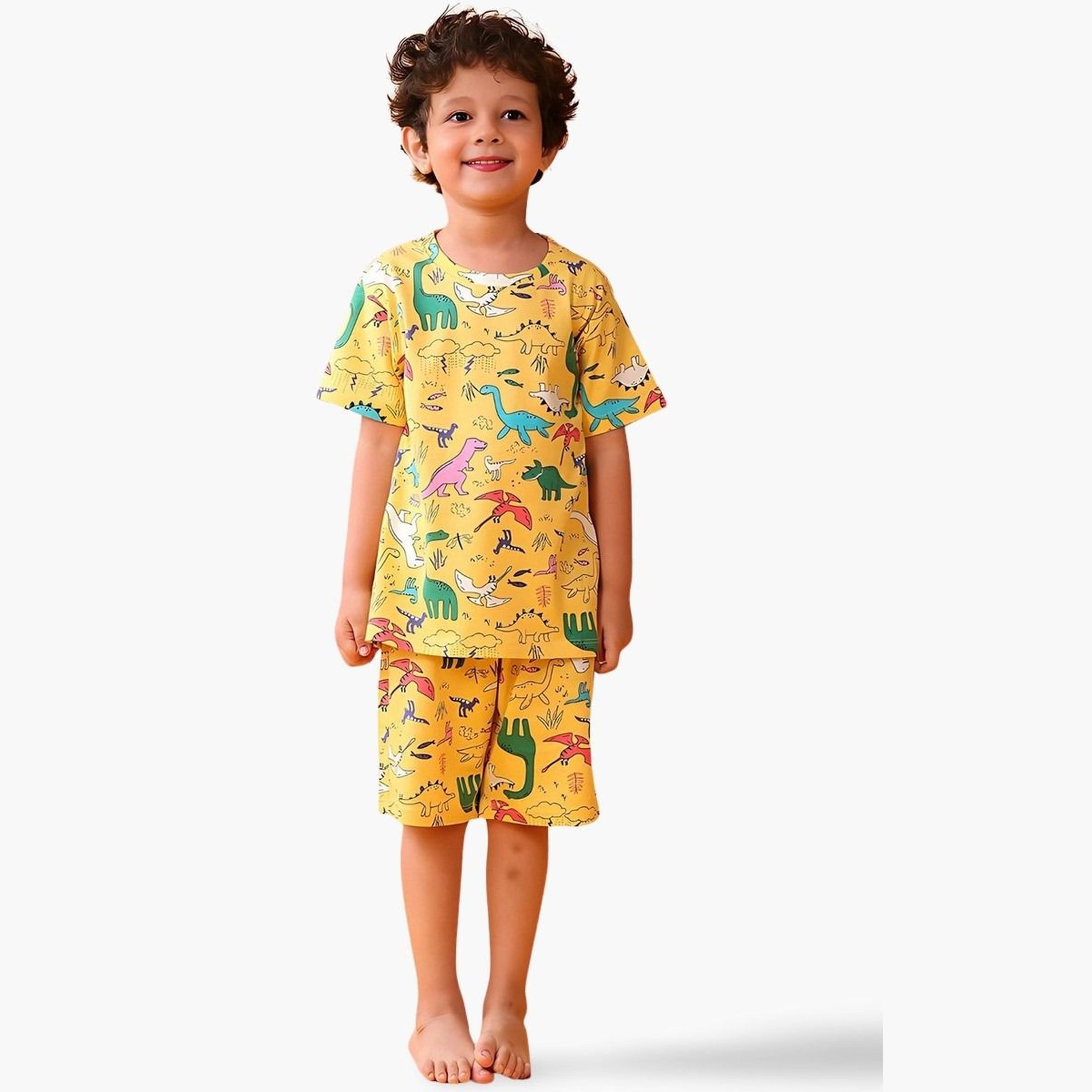 أنثريلو - تي شيرت وشورت للأطفال قطني بطبعة ديناصور أصفر-boys-clothing-setsandcoords-image-1