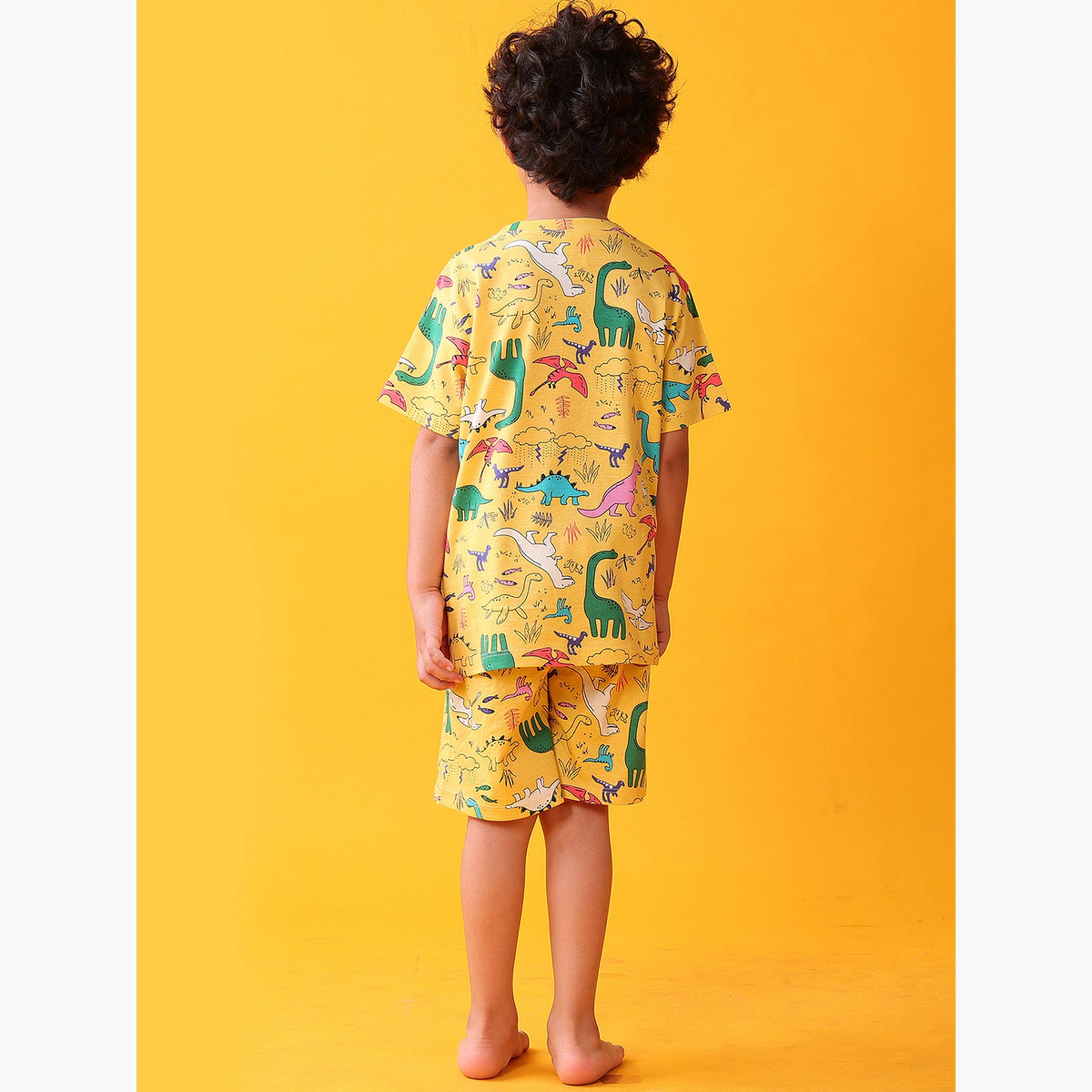 أنثريلو - تي شيرت وشورت للأطفال قطني بطبعة ديناصور أصفر-boys-clothing-setsandcoords-image-2